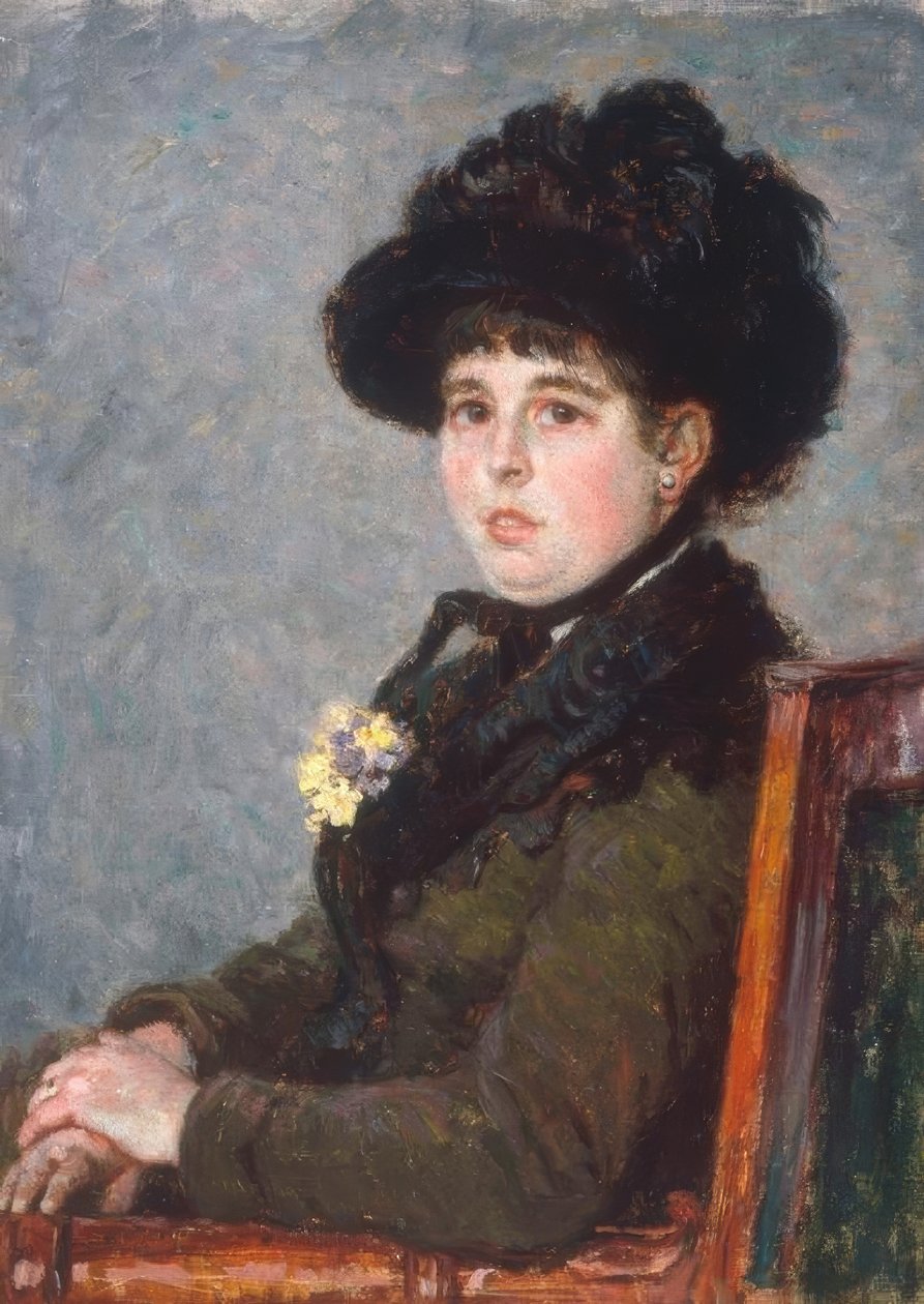 Portrett av kvinne i fjærkledd hatt av Gustave Caillebotte