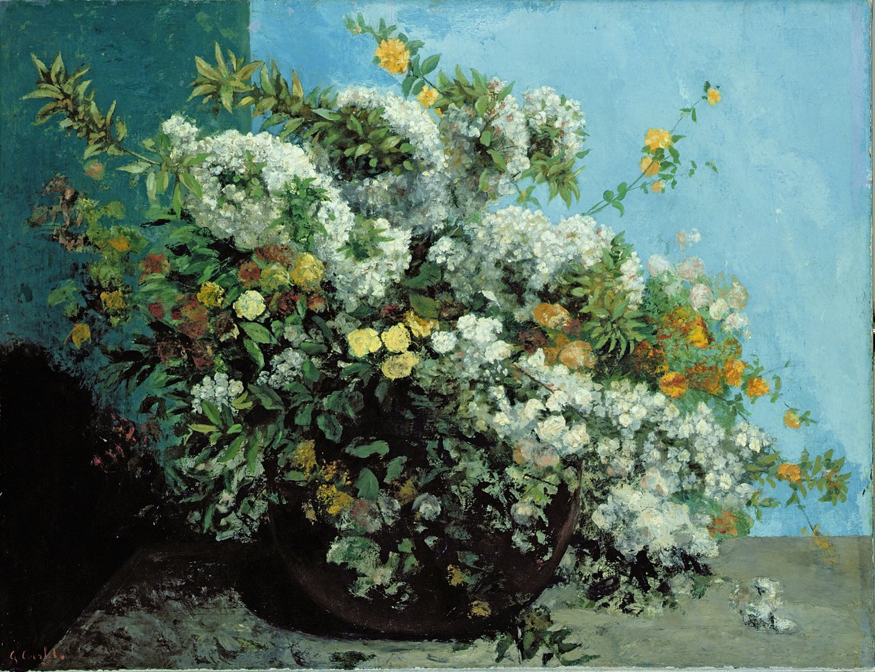 Blomstrende grener og blomster, 1855 av Gustave Courbet