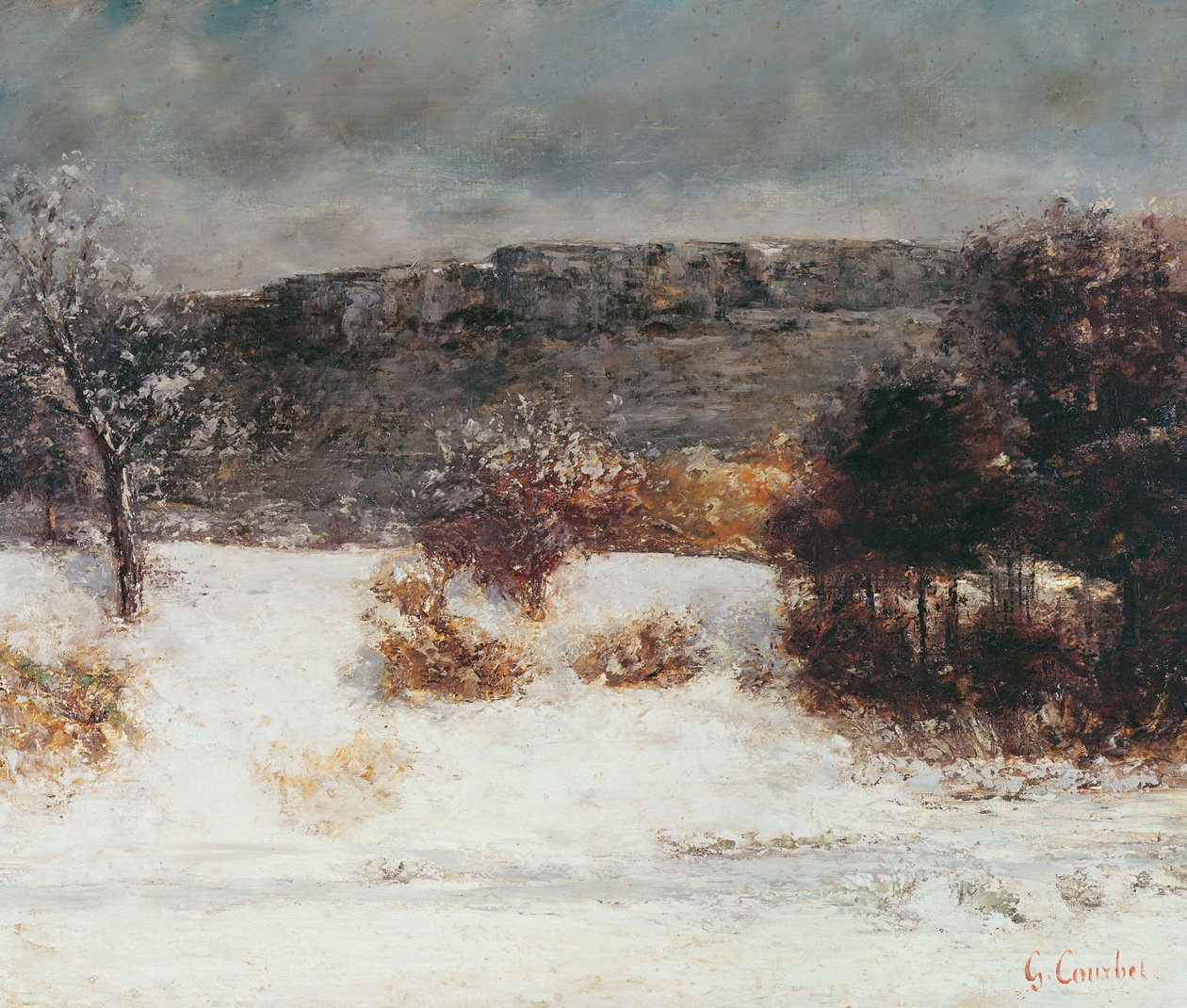 Snølandskap (Loue Valley), ca. 1876 av Gustave Courbet