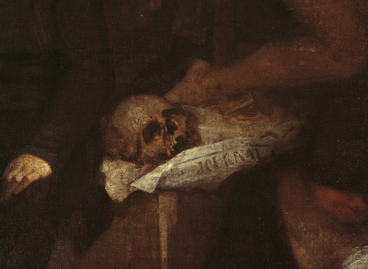The Artists Studio-detalj av hodeskallen hviler på noen aviser, 1854-1855 olje på lerret av Gustave Courbet
