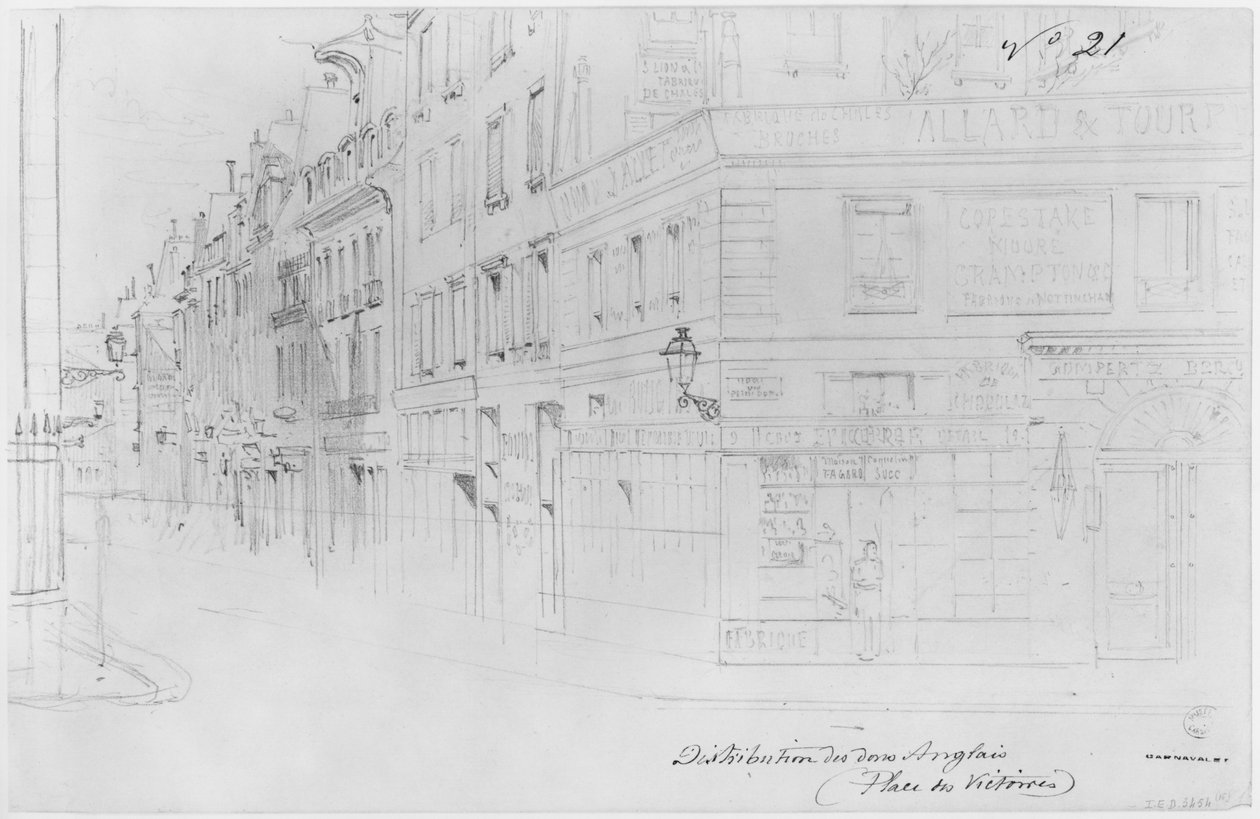 Album of the Siege of Paris, distribusjon av britiske donasjoner, place des Victoires (penn og brun blekkvask og blyant på papir) av Gustave Dore
