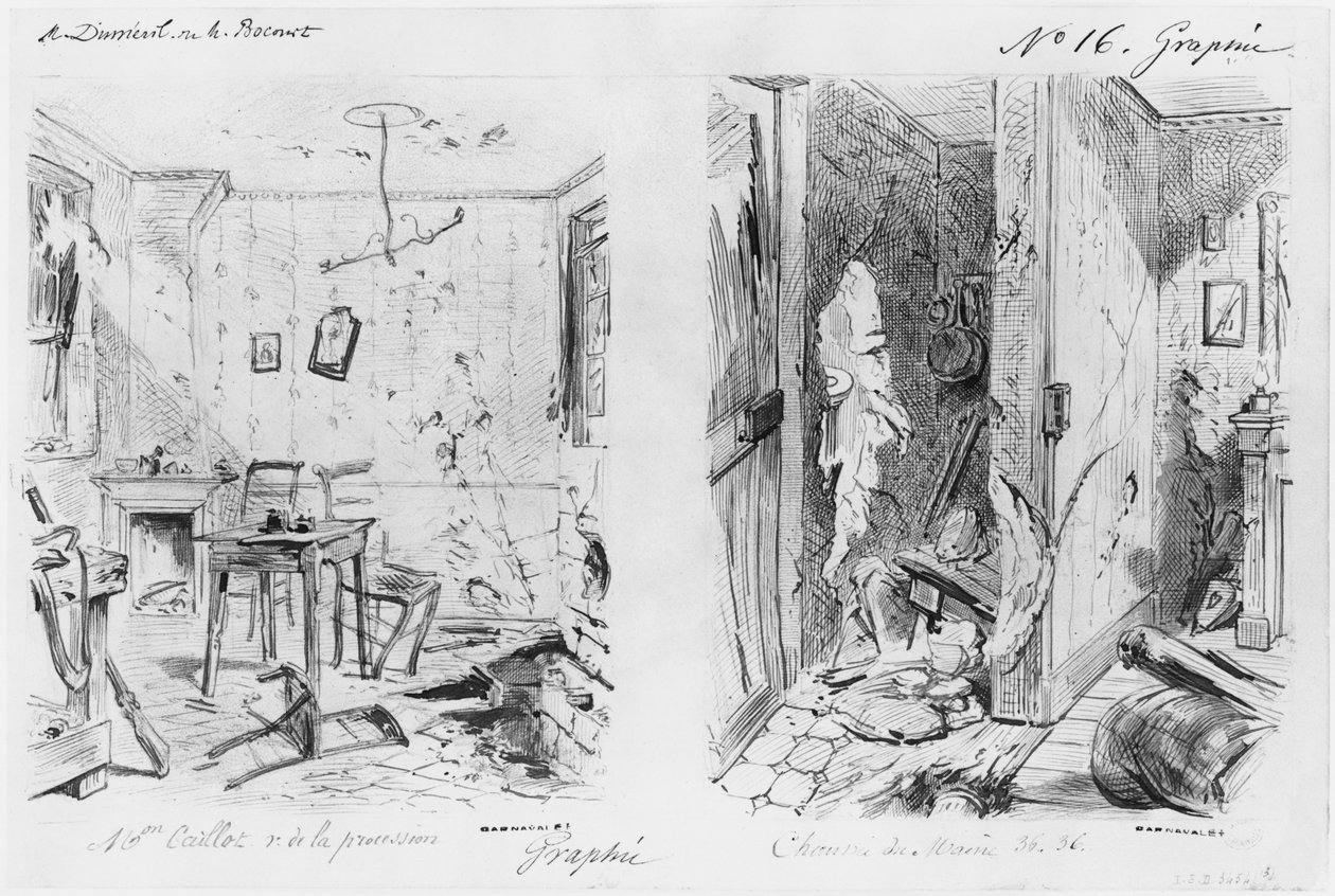 Album of the Siege of Paris, Maison Caillot rue de la Procession, Chaussee du Maine (vask med penn og brunt blekk og blyant på papir) av Gustave Dore