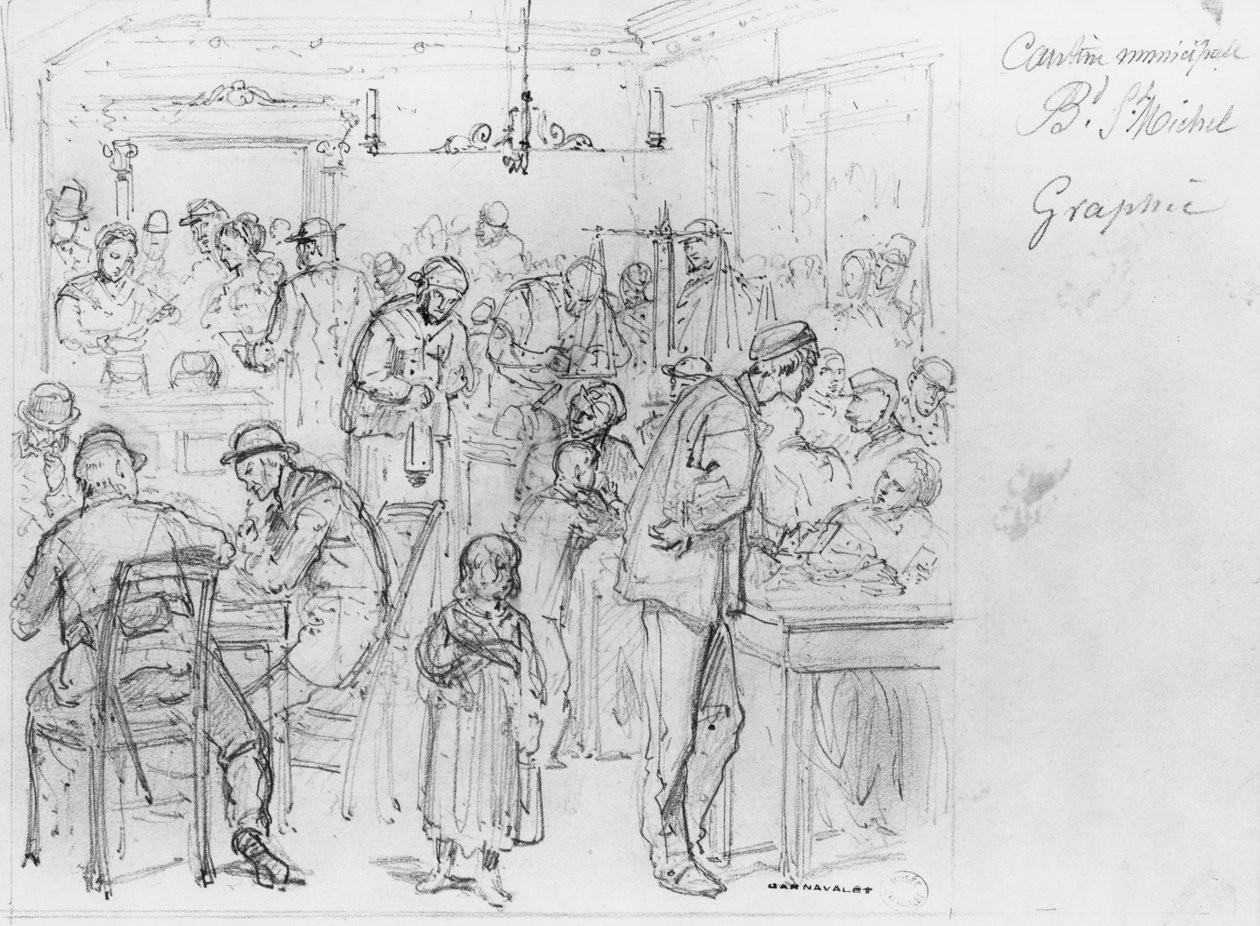 Album of the Siege of Paris, Municipal kantine Boulevard St. Michel (penn og brun blekk vask og blyant på papir) 88;cantine Municipale Boulevard Saint-Michel; Helgen; St; bw bilde; svart/hvitt fotogr av Gustave Dore