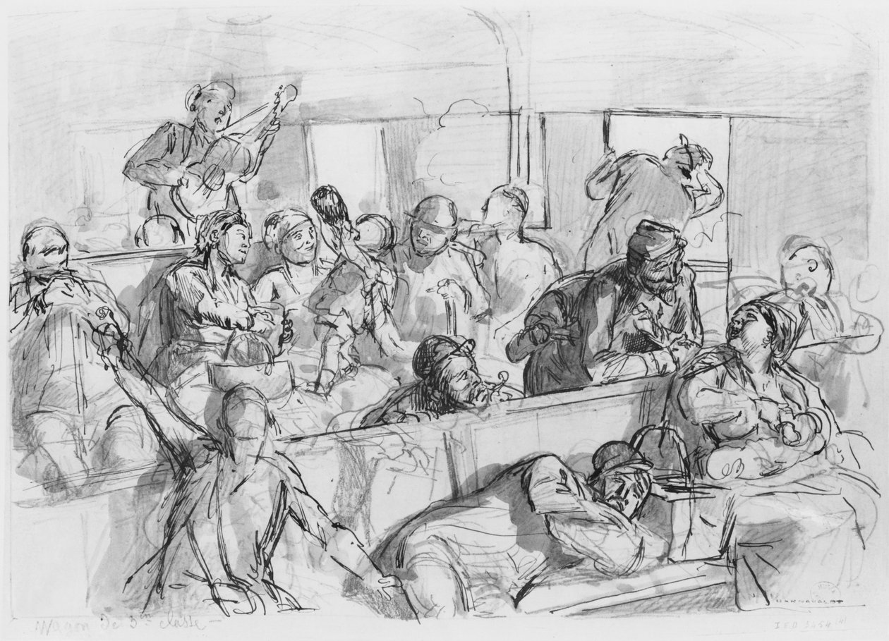 Album of the Siege of Paris, Third Class Carriage (penn og brun blekkvask og blyant på papir) av Gustave Dore