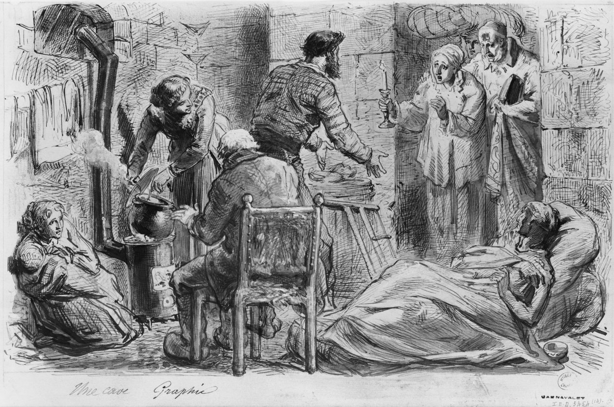 Album of the Siege of Paris, en kjeller (penn og brun blekkvask og blyant på papir) av Gustave Dore