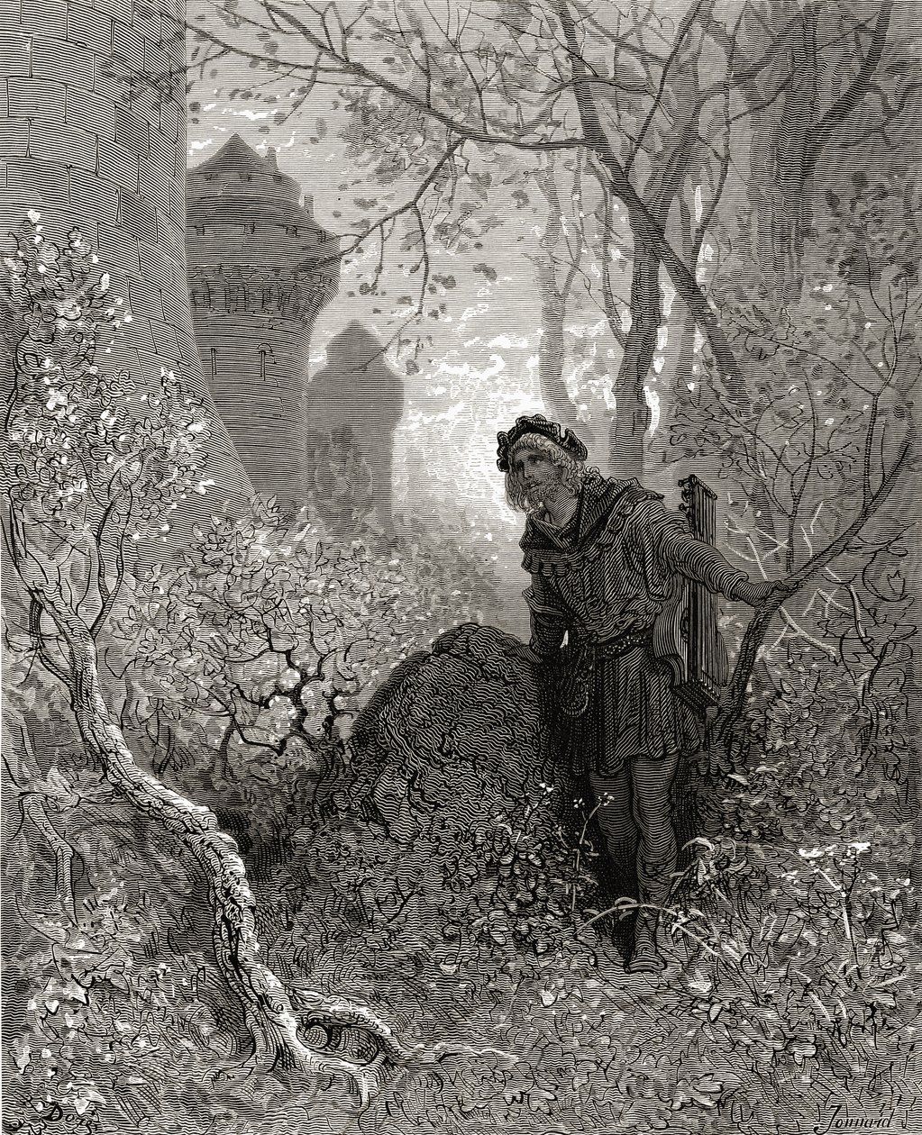 Blondel hører stemmen til Richard (1157-99) Løvehjerte, illustrasjon fra 'Bibliotheque des Croisades' av JF. Michael, 1877 av Gustave Dore