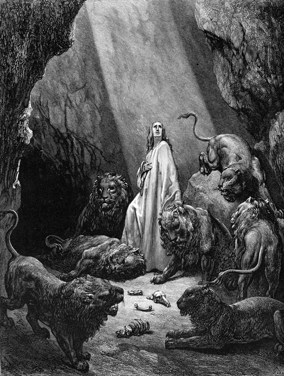 Daniel i løvehulen, gravering av Doré. - Bibelen av Gustave Dore