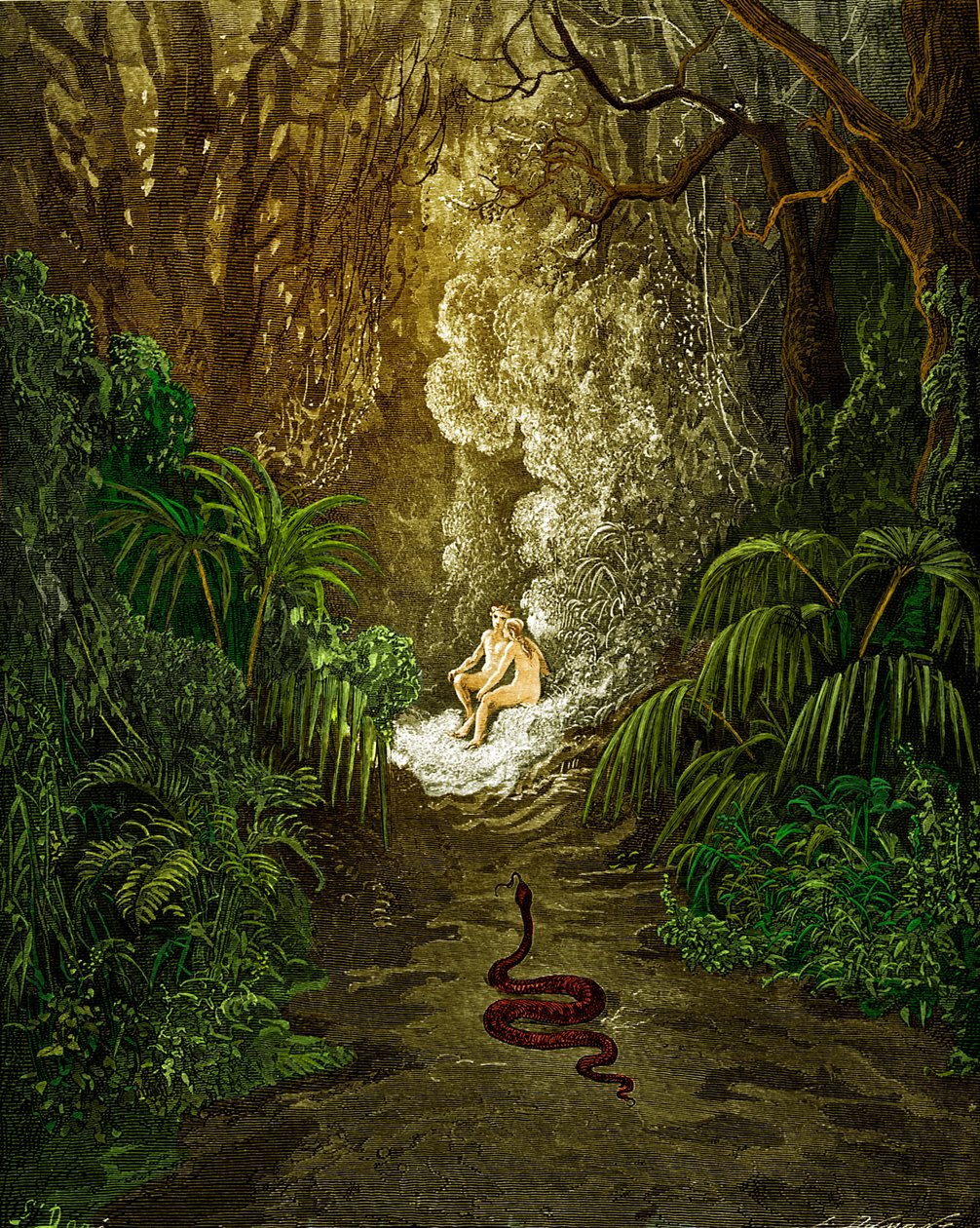 Paradise Lost, av Milton: Slangen nærmer seg. av Gustave Dore