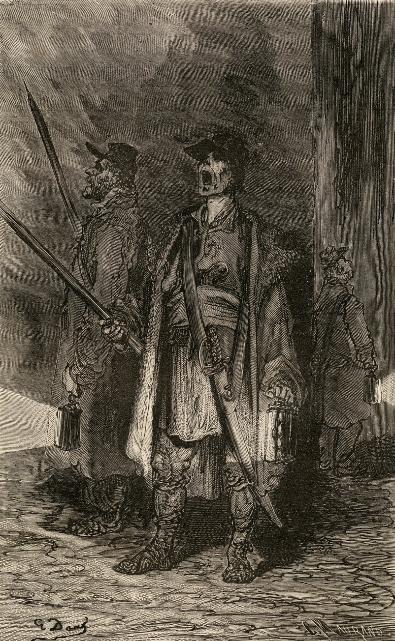 Serenos, Nightwatchmen, illustrasjon fra 'Spanish Pictures' av pastor Samuel Manning av Gustave Dore
