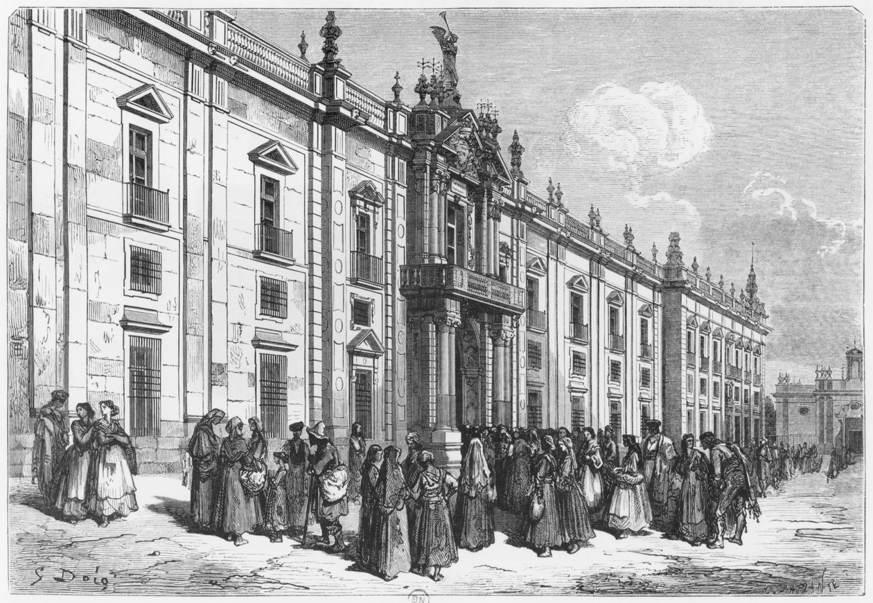 Tobakksfabrikken i Sevilla, gravert av Charles Laplante (d.1903) av Gustave Dore