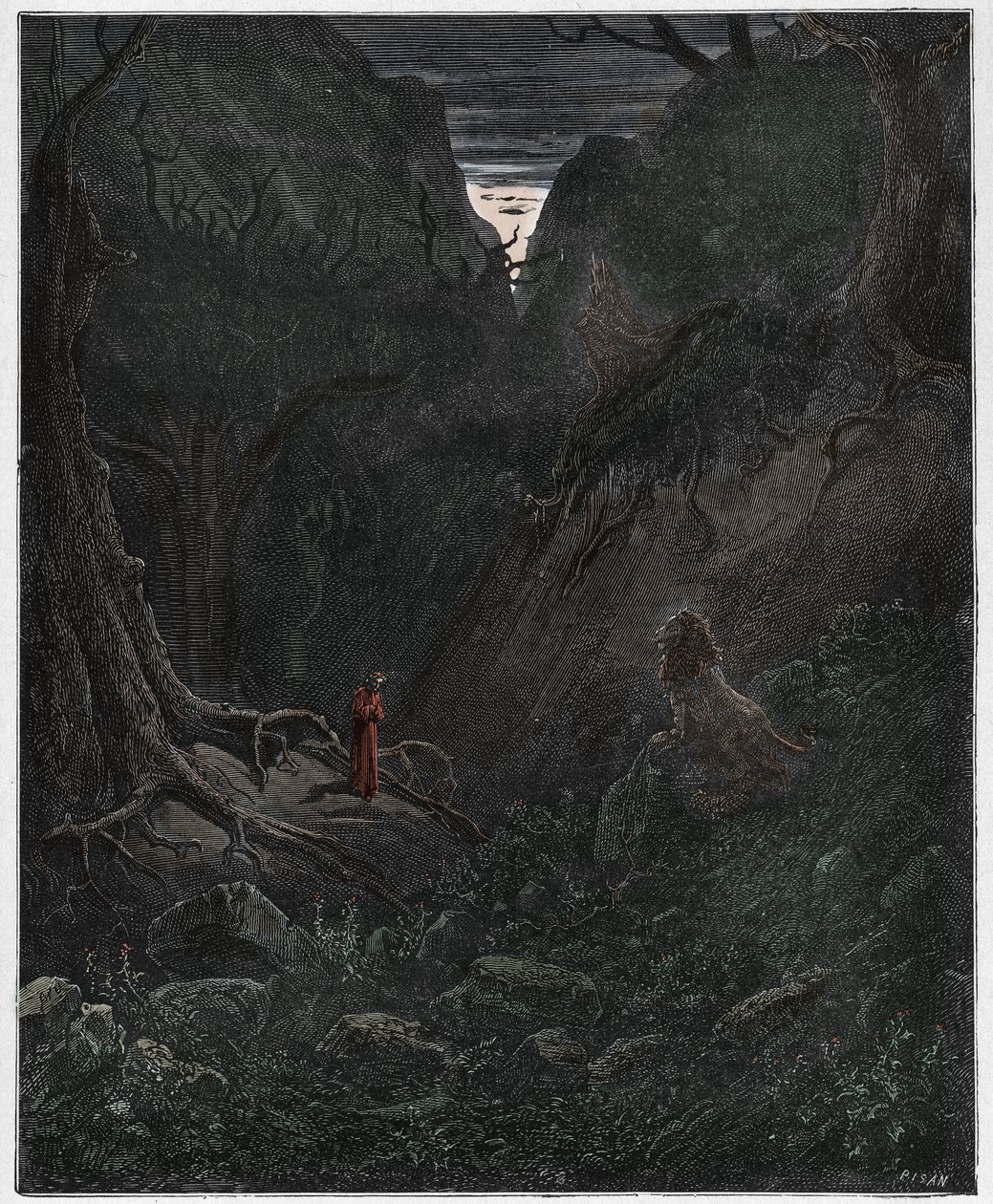 Inferno, Canto 1 : Løven konfronterer plutselig Dante, illustrasjon fra The Divine Comedy av Dante Alighieri, 1885 (digitalt farget gravering) av Gustave after Dore