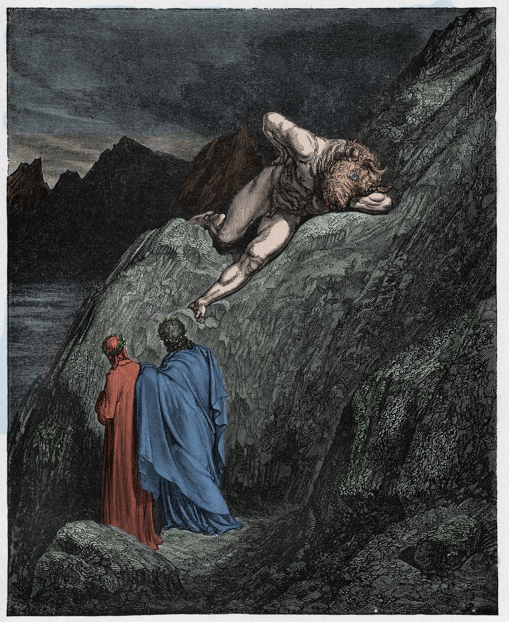 Inferno, Canto 12: Minotauren (Minotaure) på den knuste klippen, illustrasjon fra The Divine Comedy av Dante Alighieri, 1885 (digitalt farget gravering) av Gustave after Dore