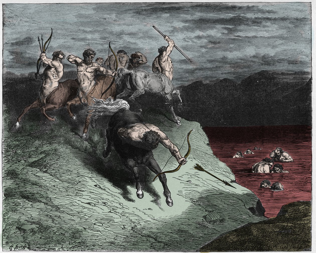 Inferno, Canto 12: Kentaurene angriper sjelene i kokende blod, illustrasjon fra The Divine Comedy av Dante Alighieri, 1885 (digitalt farget gravering) av Gustave after Dore