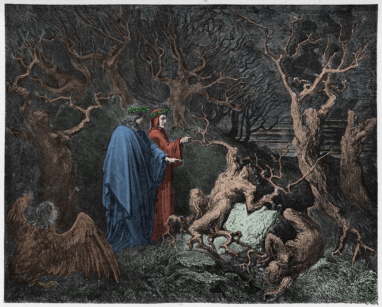 Inferno, Canto 13: Selvmordene i skogen, illustrasjon fra The Divine Comedy av Dante Alighieri, 1885 (digitalt farget gravering) av Gustave after Dore