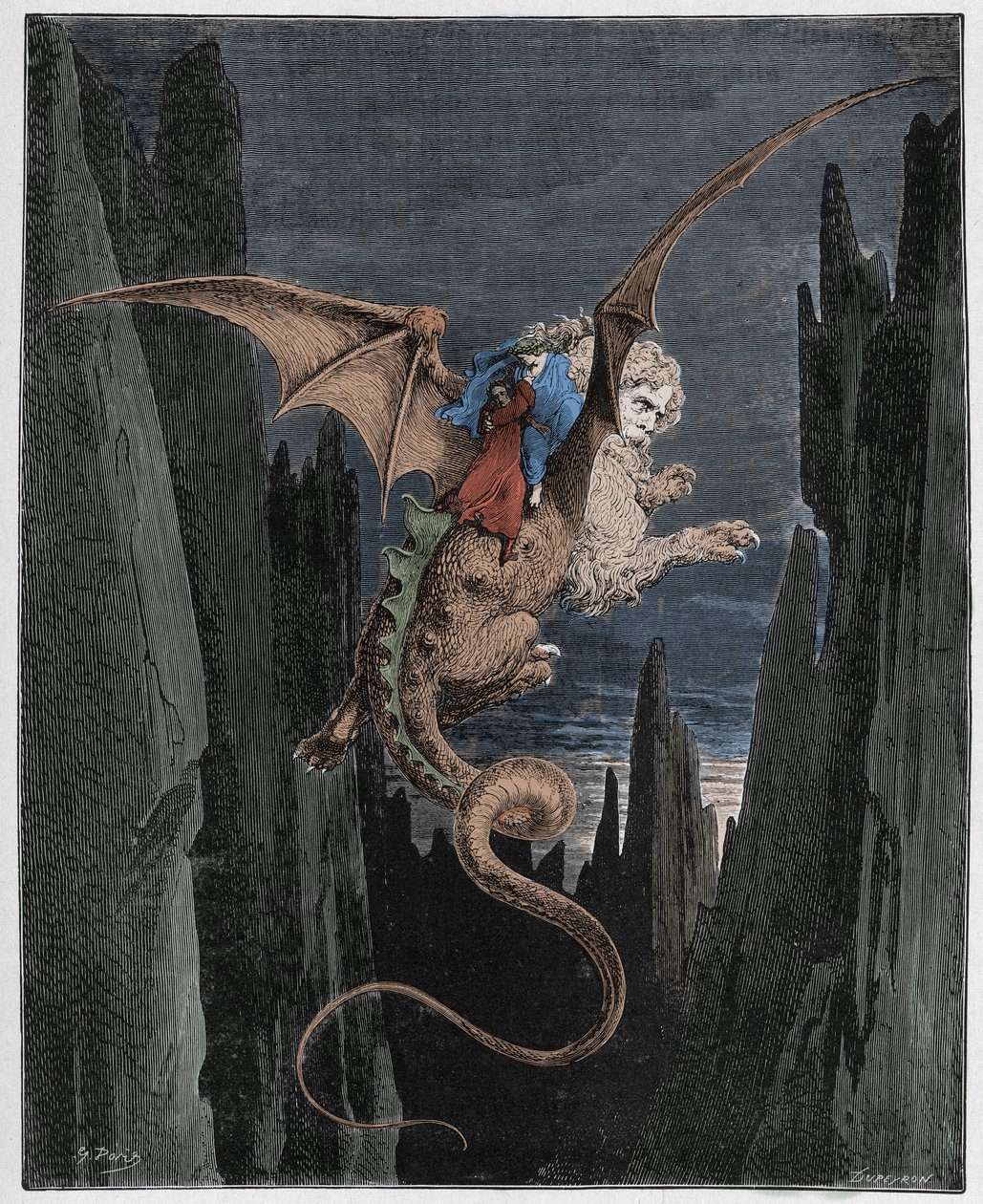 Inferno, Canto 17: Nedstigningen til avgrunnen på Geryons bakside, illustrasjon fra The Divine Comedy av Dante Alighieri, 1885 (digitalt farget gravering) av Gustave after Dore
