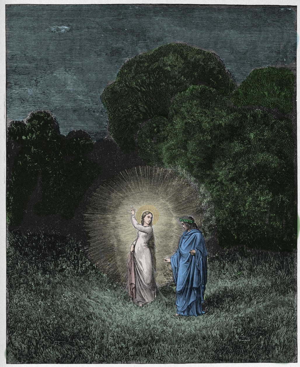 Inferno, Canto 2: Beatrice og Virgil, illustrasjon fra The Divine Comedy av Dante Alighieri, 1885 (digitalt farget gravering) av Gustave after Dore