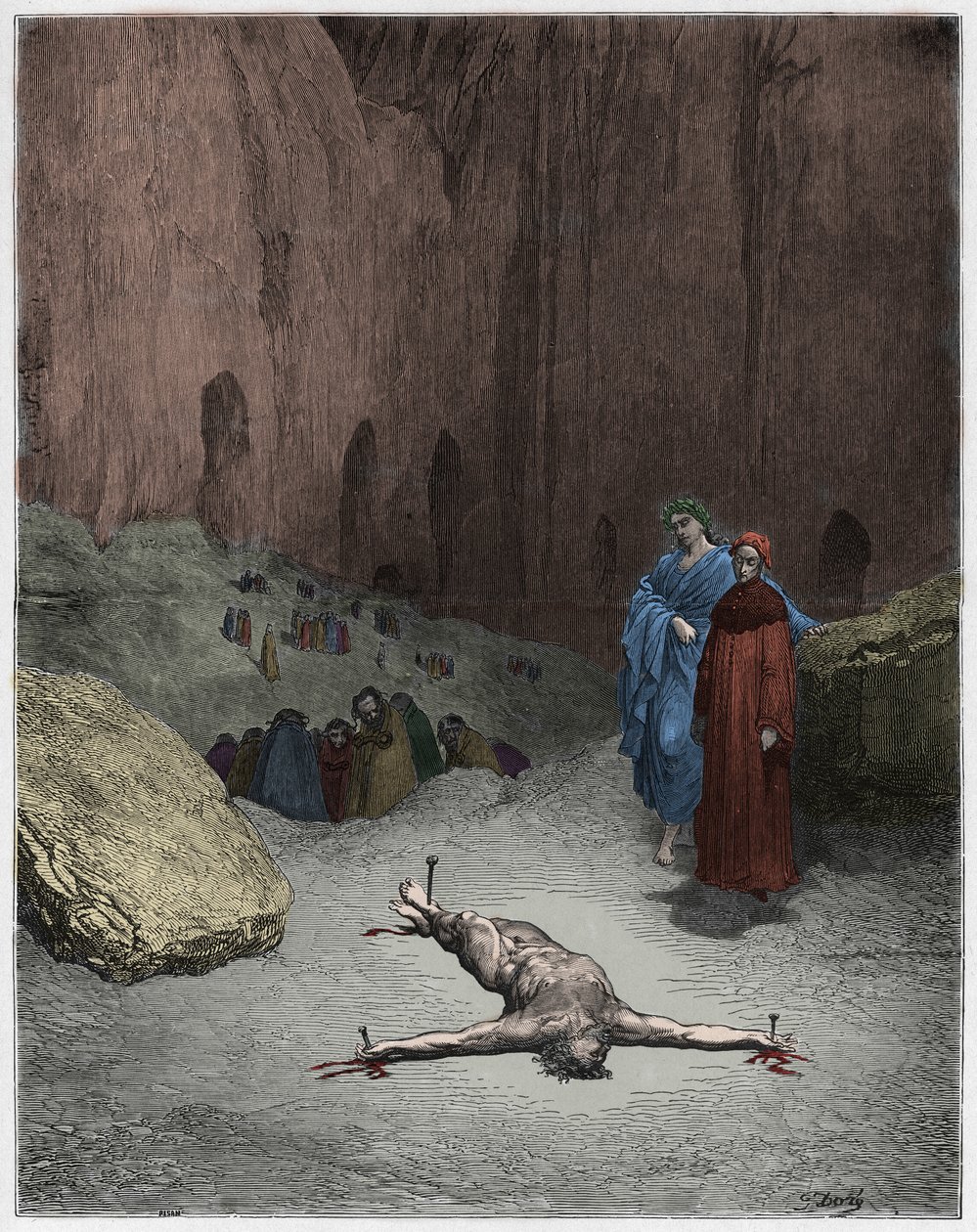 Inferno, Canto 23: En korsfestet fariseer blant hyklerne, illustrasjon fra The Divine Comedy av Dante Alighieri, 1885 (digitalt farget gravering) av Gustave after Dore