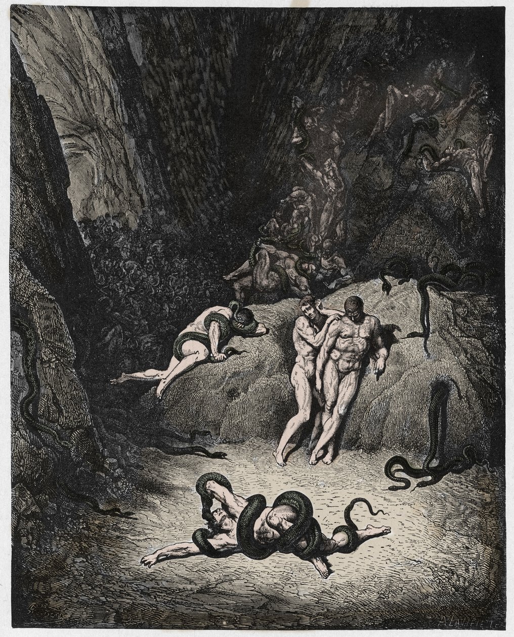 Inferno, Canto 25: Agnello transformerer seg til en slange, illustrasjon fra The Divine Comedy av Dante Alighieri, 1885 (digitalt farget gravering) av Gustave after Dore