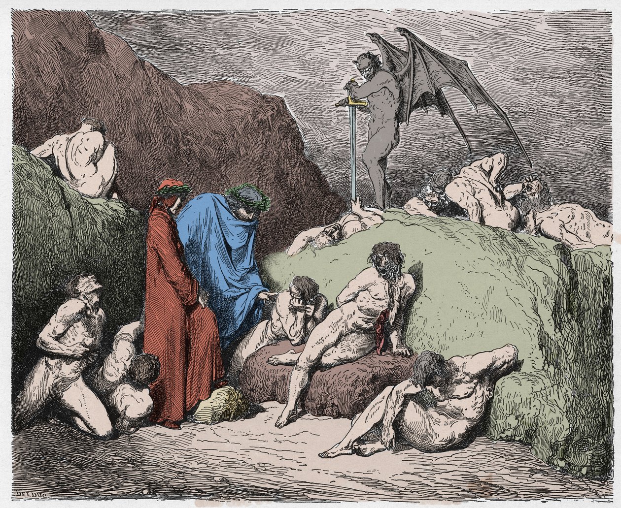 Inferno, Canto 28: lemlestede uenighetssåere i den niende bolgia, illustrasjon fra The Divine Comedy av Dante Alighieri, 1885 (digitalt farget gravering) av Gustave after Dore
