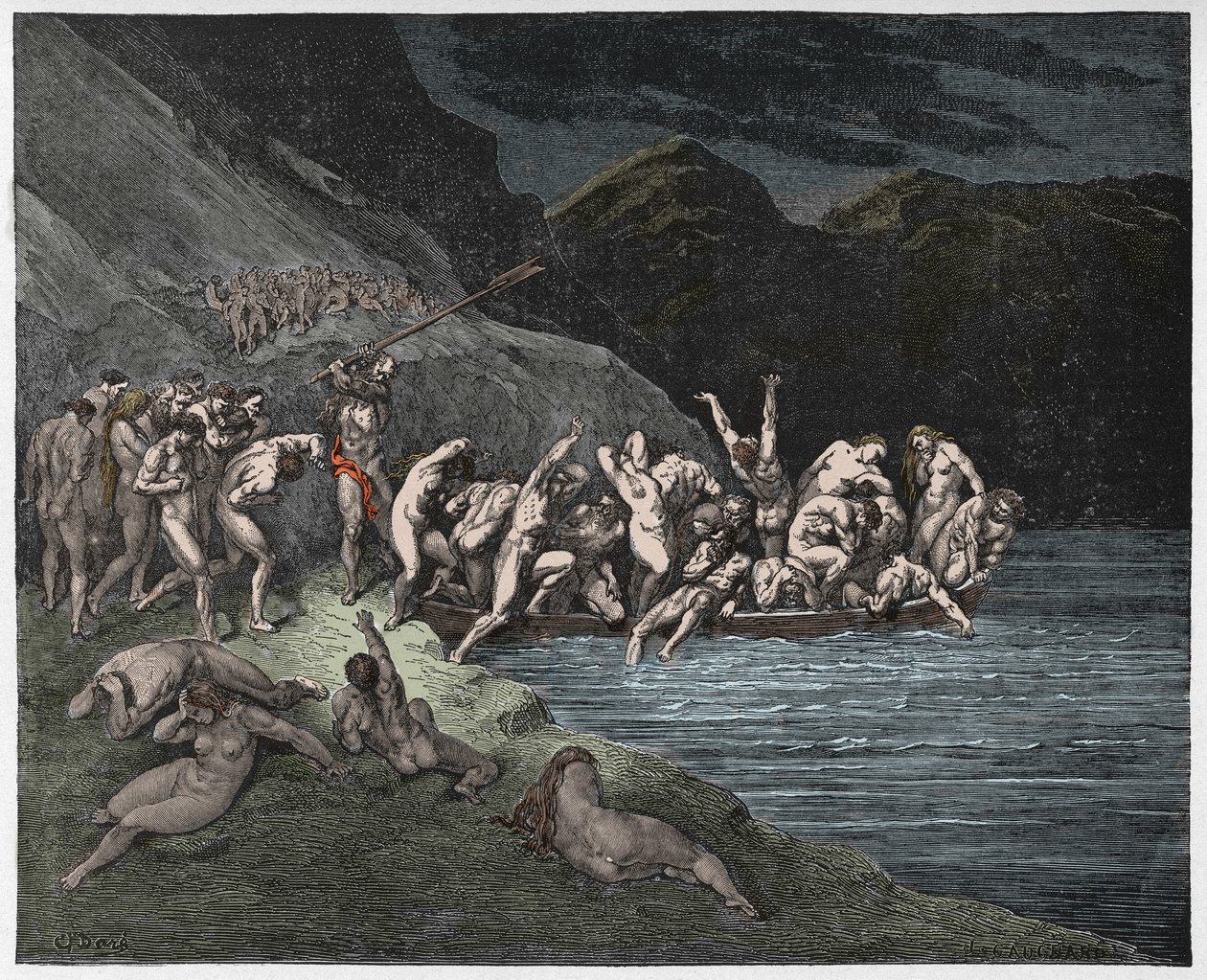 Inferno, Canto 3: De dødsdømte sjelene legger ut for å krysse Acheron, illustrasjon fra The Divine Comedy av Dante Alighieri, 1885 (digitalt farget gravering) av Gustave after Dore