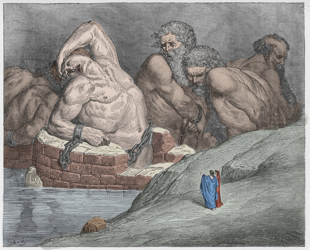 Inferno, Canto 31: Ephialtes (Ephialte) i manakler blant kjempene, illustrasjon fra The Divine Comedy av Dante Alighieri, 1885 (digitalt farget gravering) av Gustave after Dore