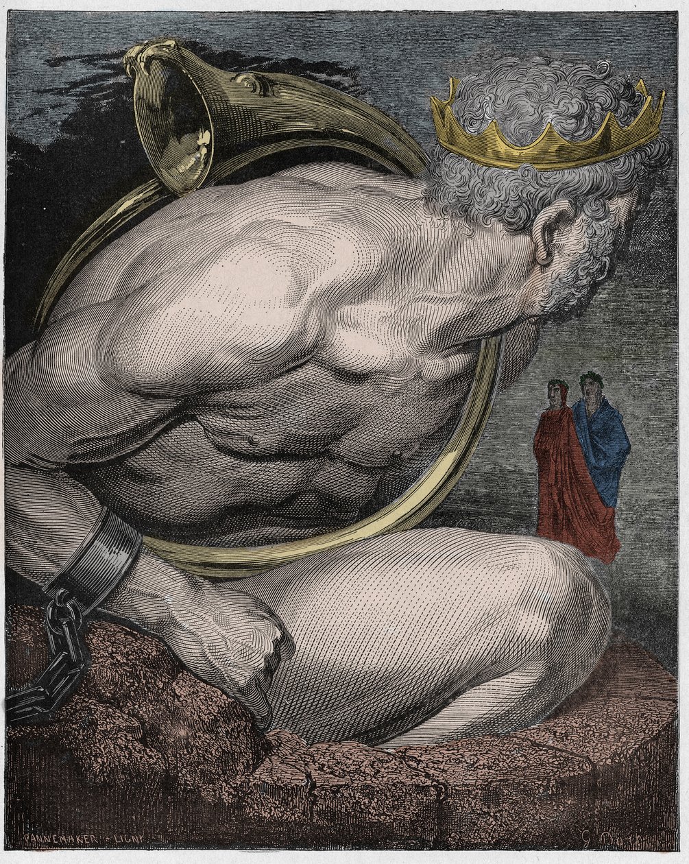 Inferno, Canto 31: Nimrod of the giants (Nimrud, Nemrod), illustrasjon fra The Divine Comedy av Dante Alighieri, 1885 (digitalt farget gravering) av Gustave after Dore