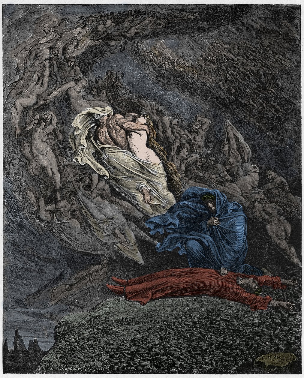 Inferno, Canto 5 : Francesca Da Rimini beskriver hennes død, illustrasjon fra The Divine Comedy av Dante Alighieri, 1885 (digitalt farget gravering) av Gustave after Dore