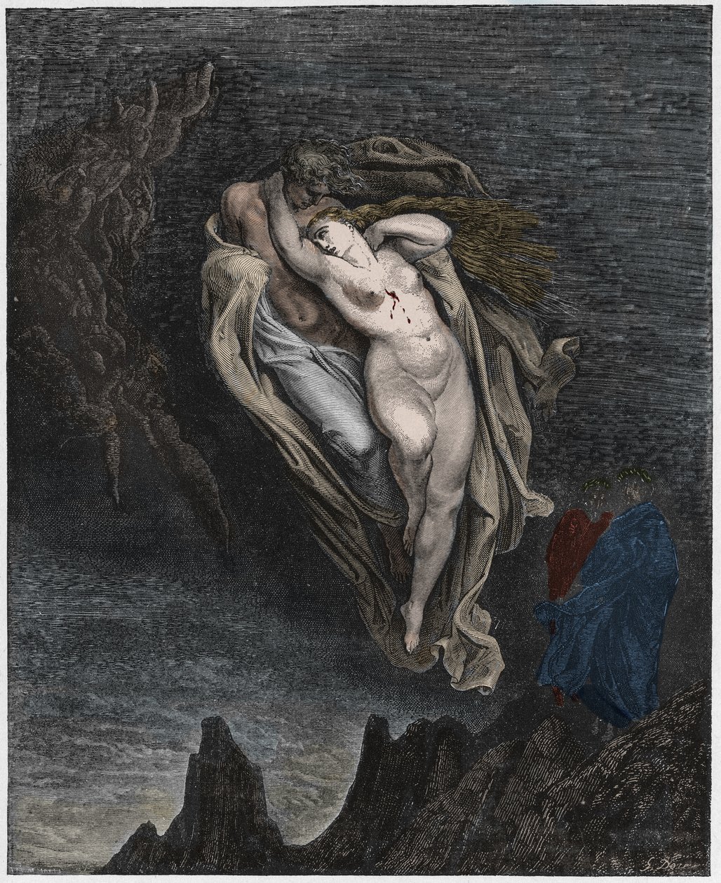 Inferno, Canto 5: The souls of Paolo and Francesca, illustrasjon fra The Divine Comedy av Dante Alighieri, 1885 (digitalt farget gravering) av Gustave after Dore