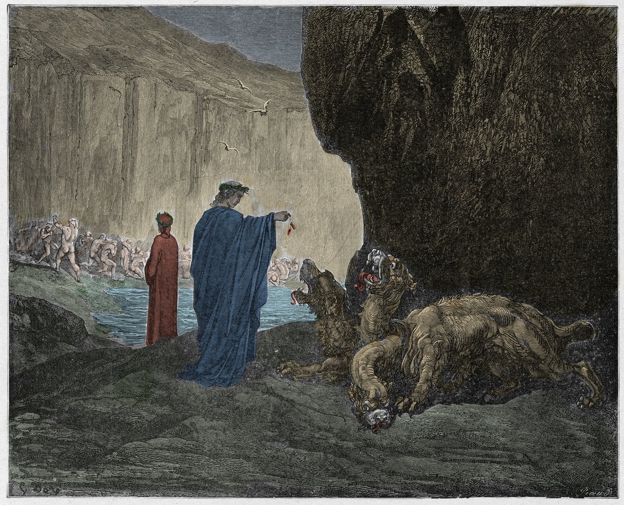 Inferno, Canto 6 : Virgil mater Cerberus (Cerbere) i den tredje sirkelen, illustrasjon fra The Divine Comedy av Dante Alighieri, 1885 (digitalt farget gravering) av Gustave after Dore