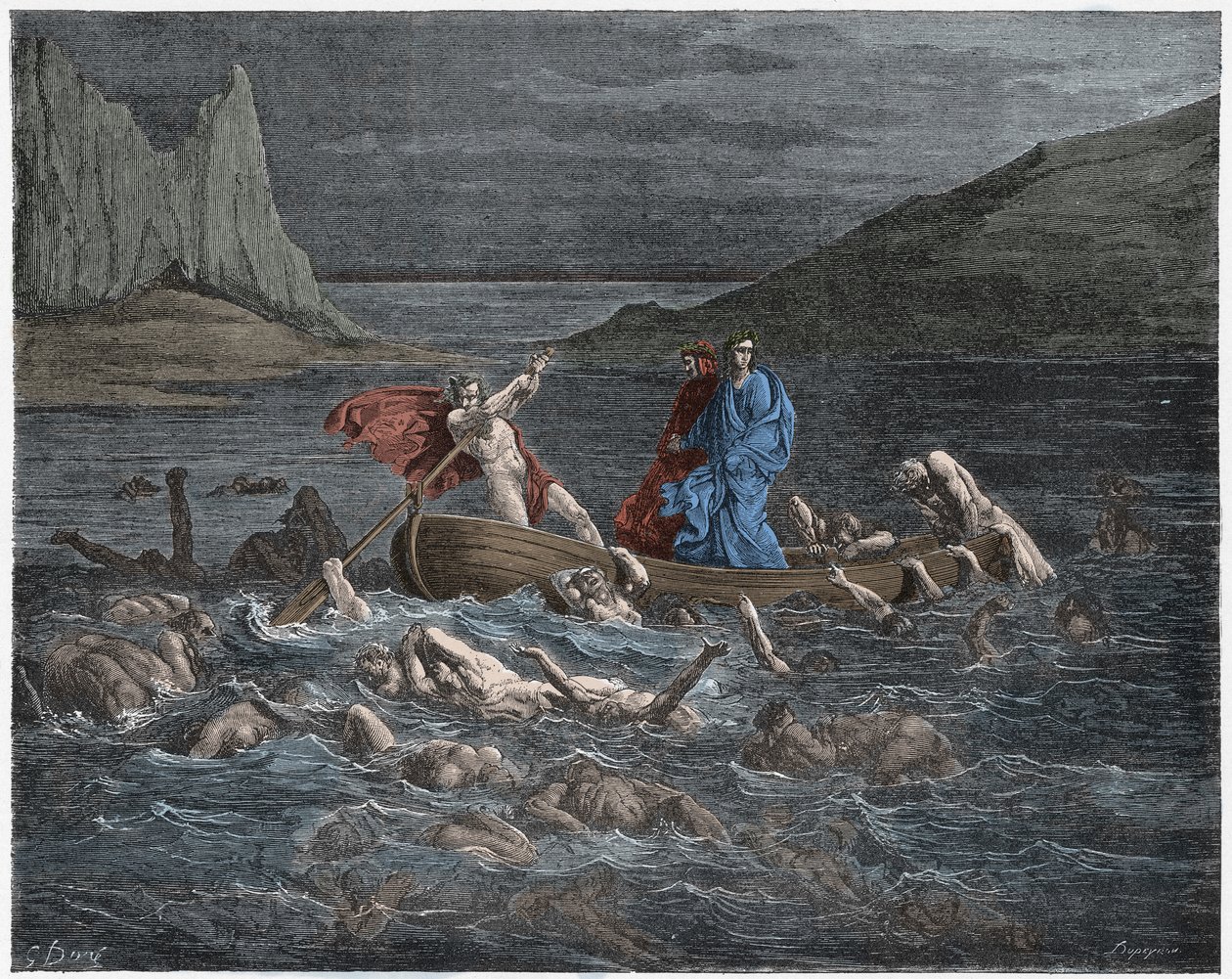 Inferno, Canto 8: Phlegyas (Phlegias) ferger Dante og Virgil over Styx, illustrasjon fra The Divine Comedy av Dante Alighieri, 1885 (digitalt farget gravering) av Gustave after Dore