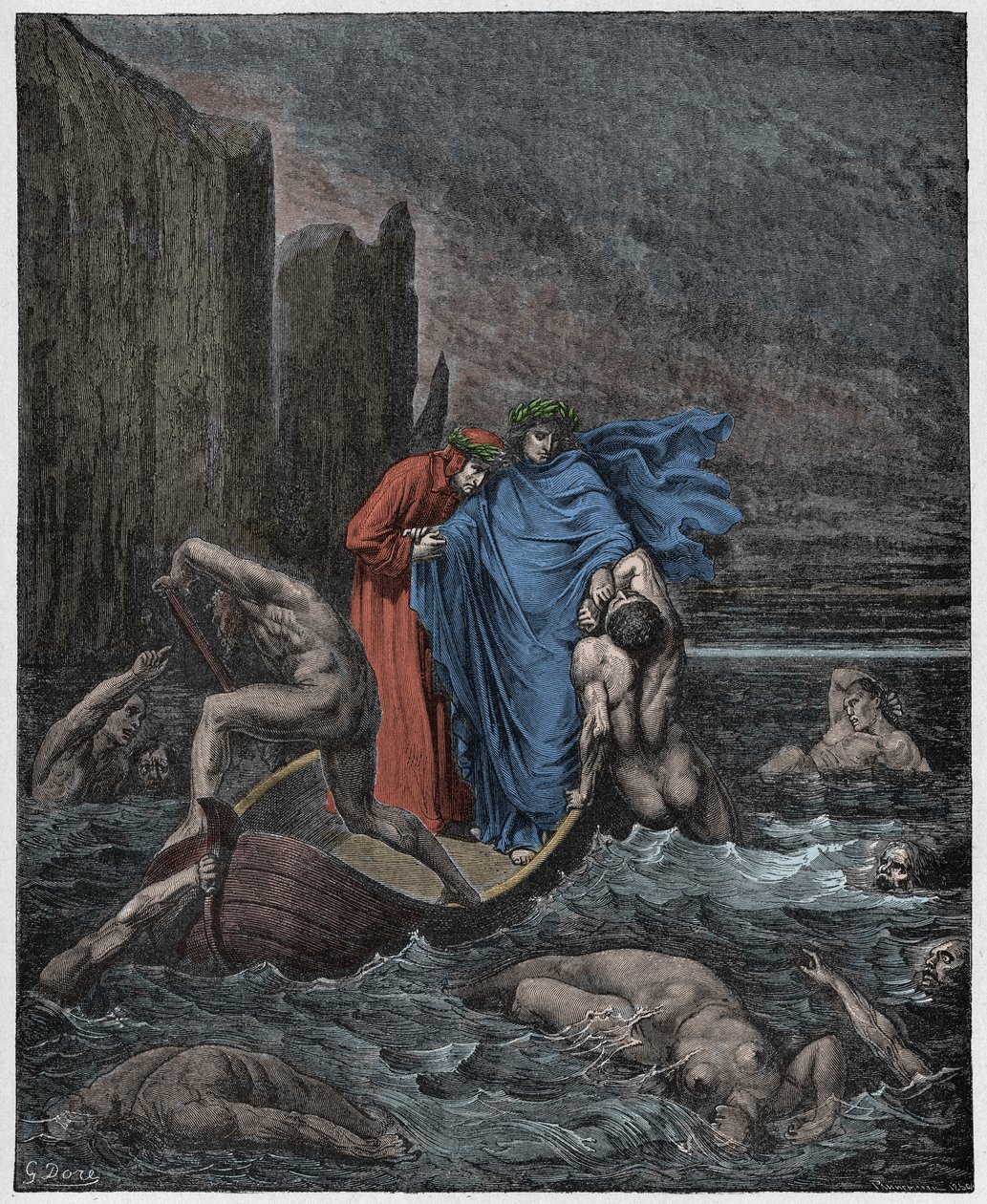 Inferno, Canto 8: Florentineren Philippo Argentis sjel (Filippo Argenti) tiltaler poetene på Styx, illustrasjon fra The Divine Comedy av Dante Alighieri, 1885 (digitalt farget gravering) av Gustave after Dore