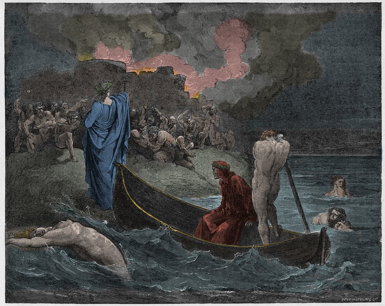 Inferno, Canto 8 : Virgil og Dante går i land ved citadellet Dis (Dite), illustrasjon fra The Divine Comedy av Dante Alighieri, 1885 (digitalt farget gravering) av Gustave after Dore