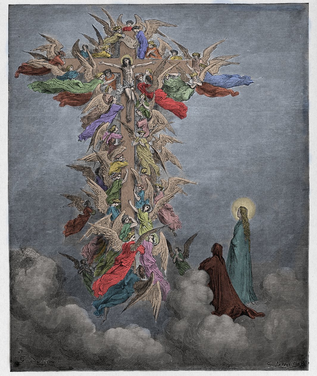 Paradiso, Canto 14: Dante og Beatrice ser englene med Kristus på korset, illustrasjon fra The Divine Comedy av Dante Alighieri, 1885 (digitalt farget gravering) av Gustave after Dore
