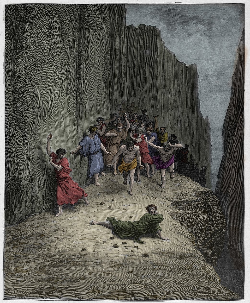 Purgatorio, Canto 15: Dantes visjon om steiningen av Stephen (sankt Etienne), illustrasjon fra The Divine Comedy av Dante Alighieri, 1885 (digitalt farget gravering) av Gustave after Dore