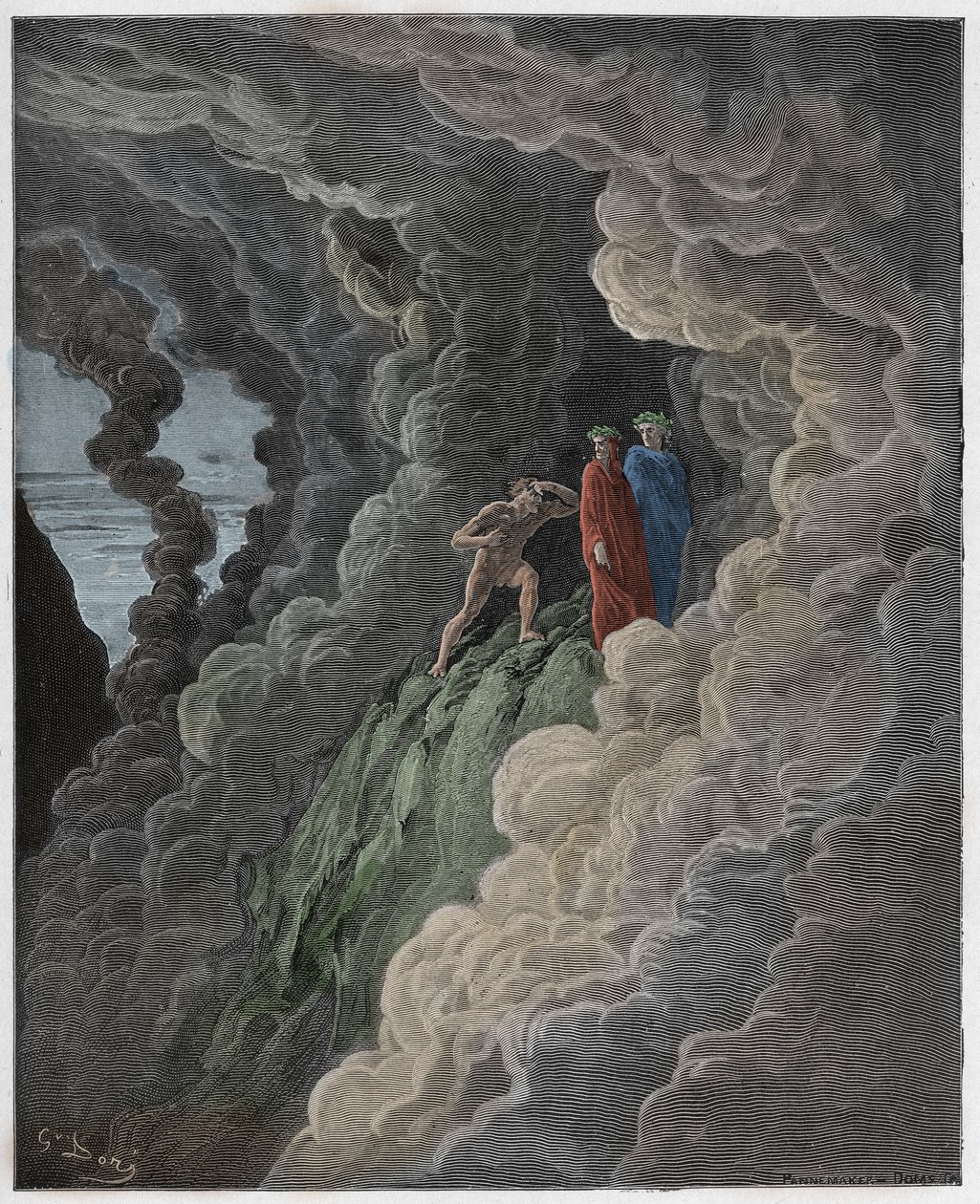 Purgatorio, Canto 16 : Marco Lombardo følger dikterne gjennom røyken, illustrasjon fra The Divine Comedy av Dante Alighieri, 1885 (digitalt farget gravering) av Gustave after Dore