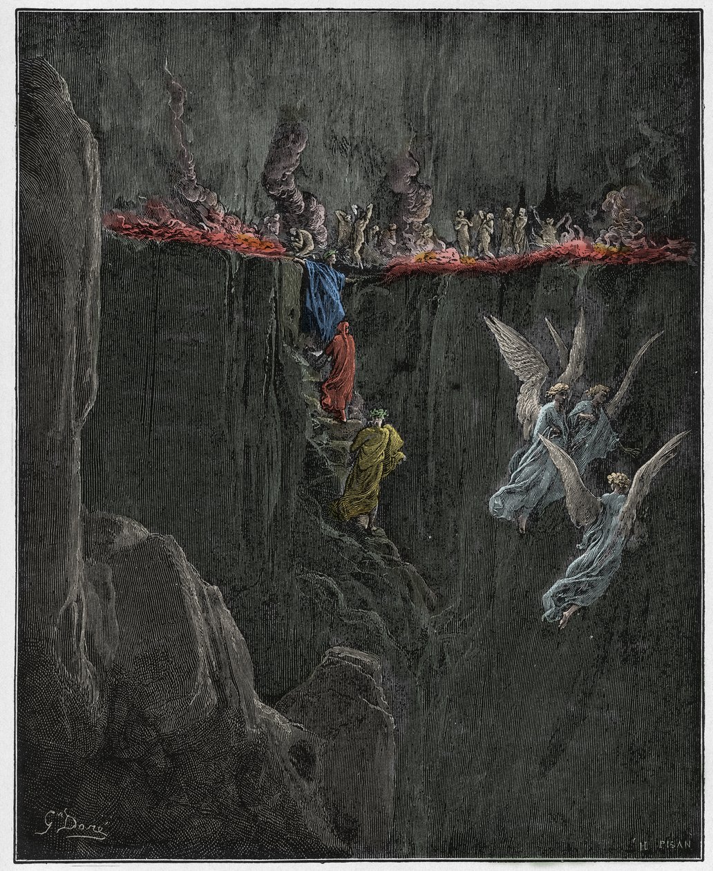 Purgatorio, Canto 25: Virgil og Dante stiger opp til den syvende sirkelen gjennom flammer, illustrasjon fra The Divine Comedy av Dante Alighieri, 1885 (digitalt farget gravering) av Gustave after Dore