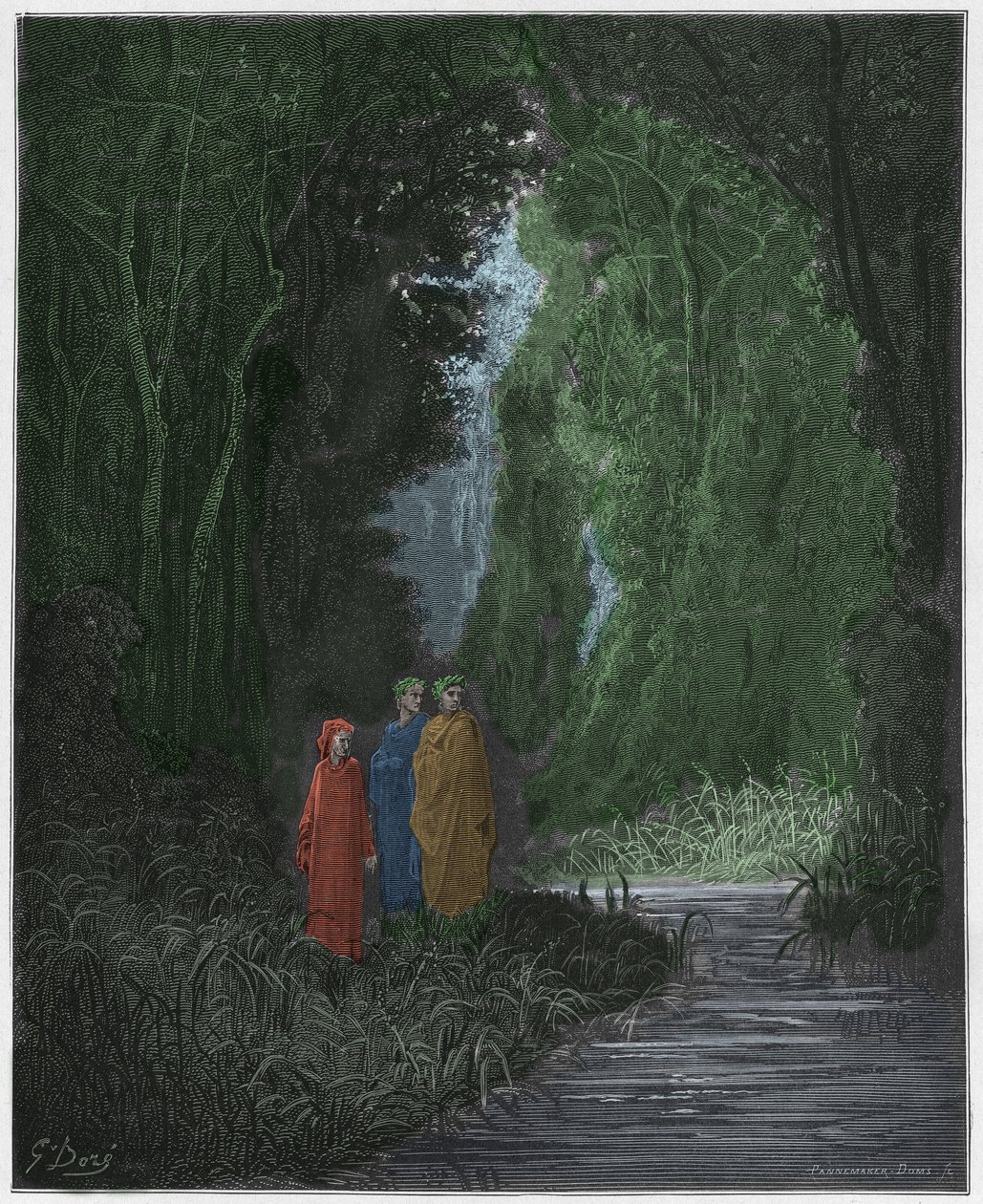 Purgatorio, Canto 28: Dante, Virgil og Statius (Stace) i den eldgamle skogen i det terrestriske paradiset, illustrasjon fra The Divine Comedy av Dante Alighieri, 1885 (digitalt farget gravering) av Gustave after Dore