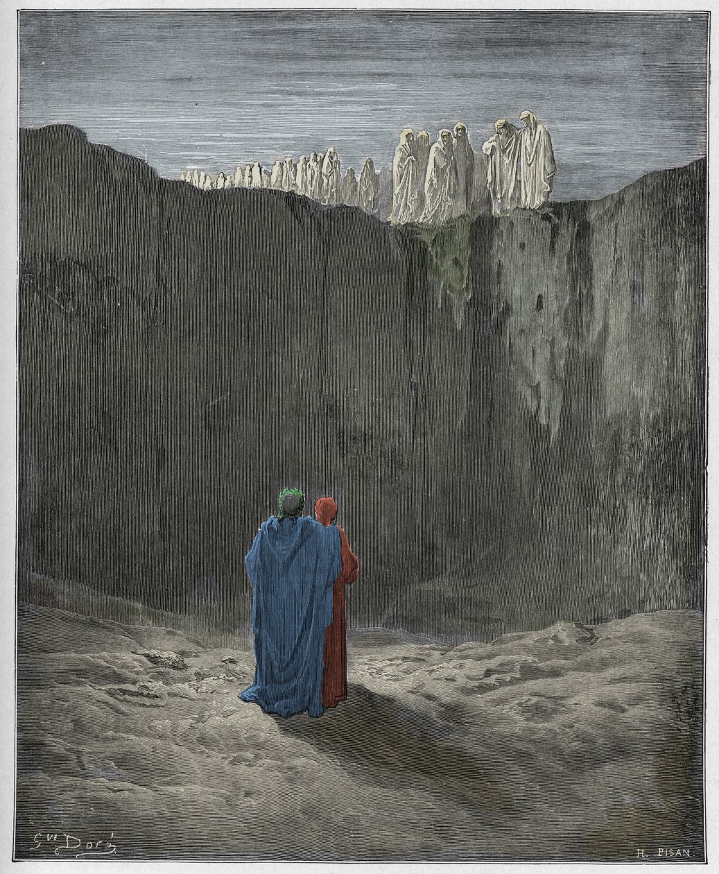 Purgatorio, Canto 3: The company of souls on the cliff, illustrasjon fra The Divine Comedy av Dante Alighieri, 1885 (digitalt farget gravering) av Gustave after Dore