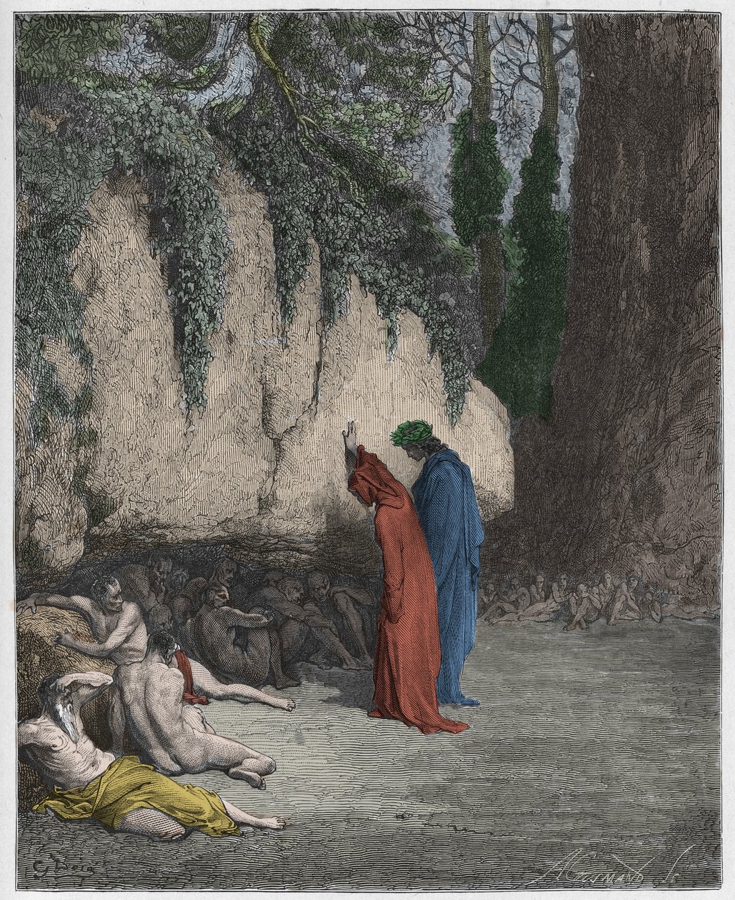 Purgatorio, Canto 4: The indolent souls beside the rock, illustrasjon fra The Divine Comedy av Dante Alighieri, 1885 (digitalt farget gravering) av Gustave after Dore