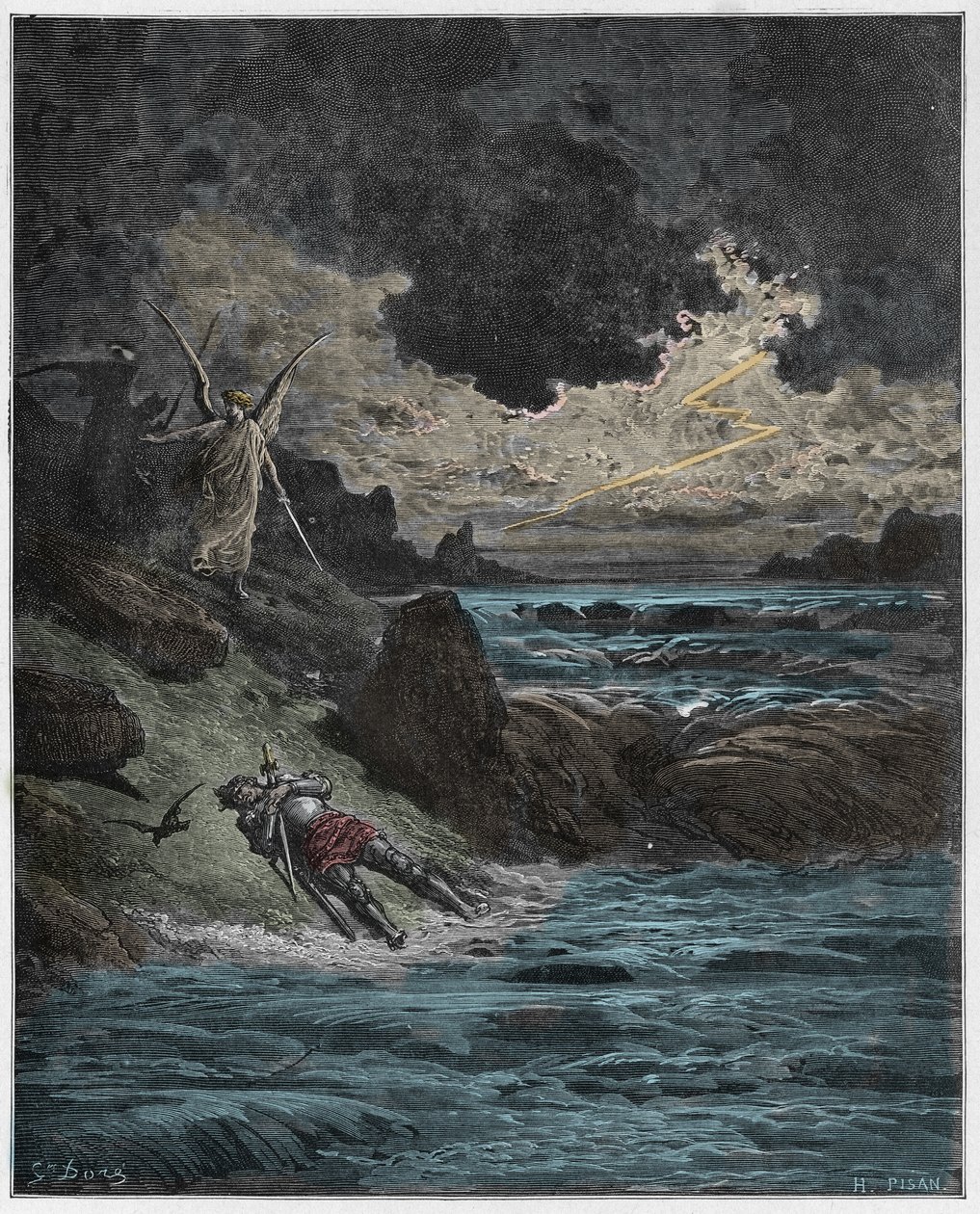 Purgatorio, Canto 5 : Kroppen til Buonconte (Bonconte) da Montefeltro i Arno, illustrasjon fra The Divine Comedy av Dante Alighieri, 1885 (digitalt farget gravering) av Gustave after Dore