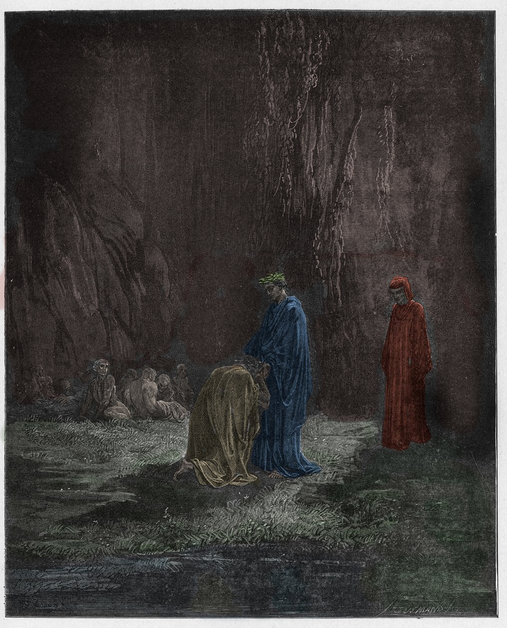 Purgatorio, Canto 7 : Poeten Sordello, forbauset, kneler foran Virgil, illustrasjon fra The Divine Comedy av Dante Alighieri, 1885 (digitalt farget gravering) av Gustave after Dore