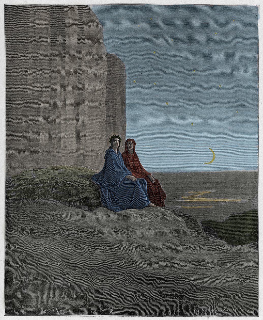 Purgatorio, Canto 9: Twilight, illustrasjon fra The Divine Comedy av Dante Alighieri, 1885 (digitalt farget gravering) av Gustave after Dore