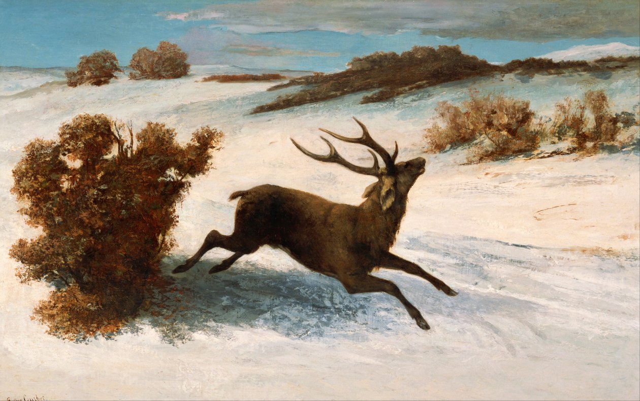 Hjort som løper i snøen av Gustave Courbet