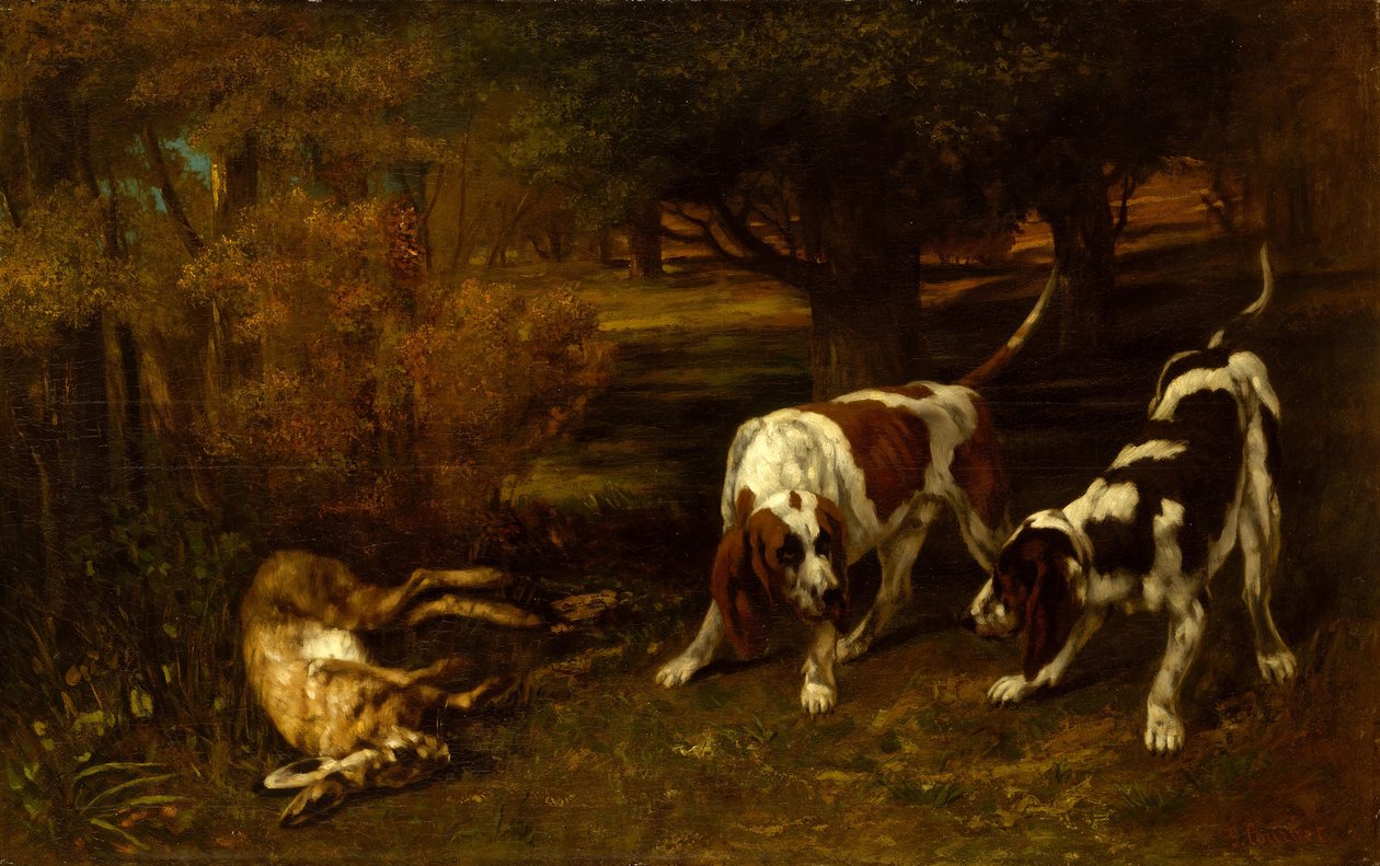 Jakthunder med død hare, 1857. av Gustave Courbet