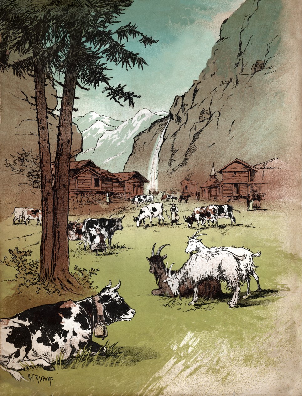 Gård i Sveits. (Illustrasjon, ca. 1910) av Gustave Fraipont