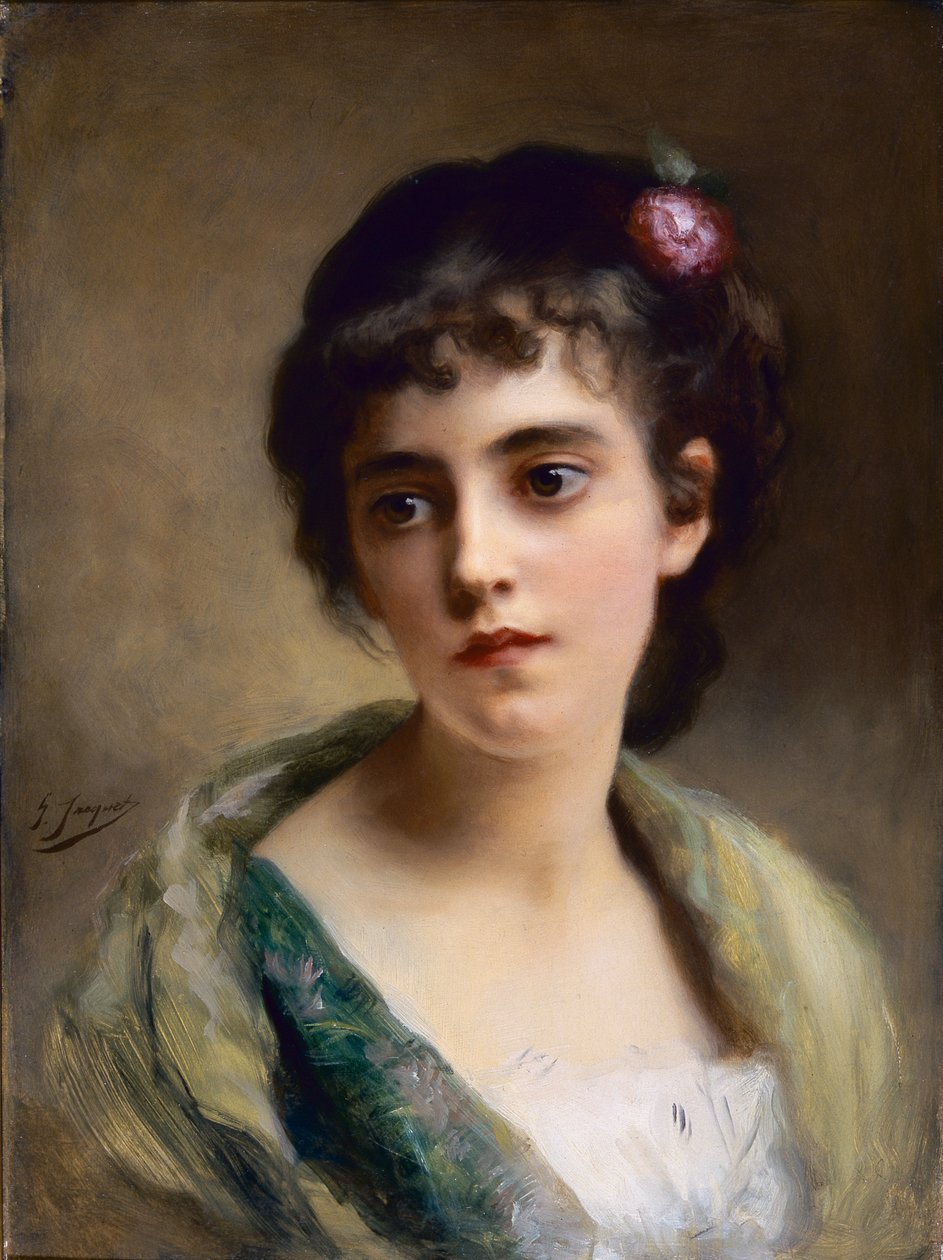 Hodet til en jente (olje på panel) av Gustave Jacquet