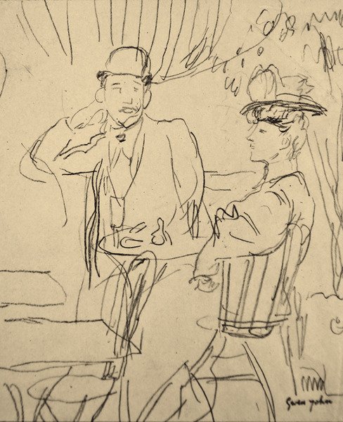 Par på kafé (blyant på papir) av Gwen John