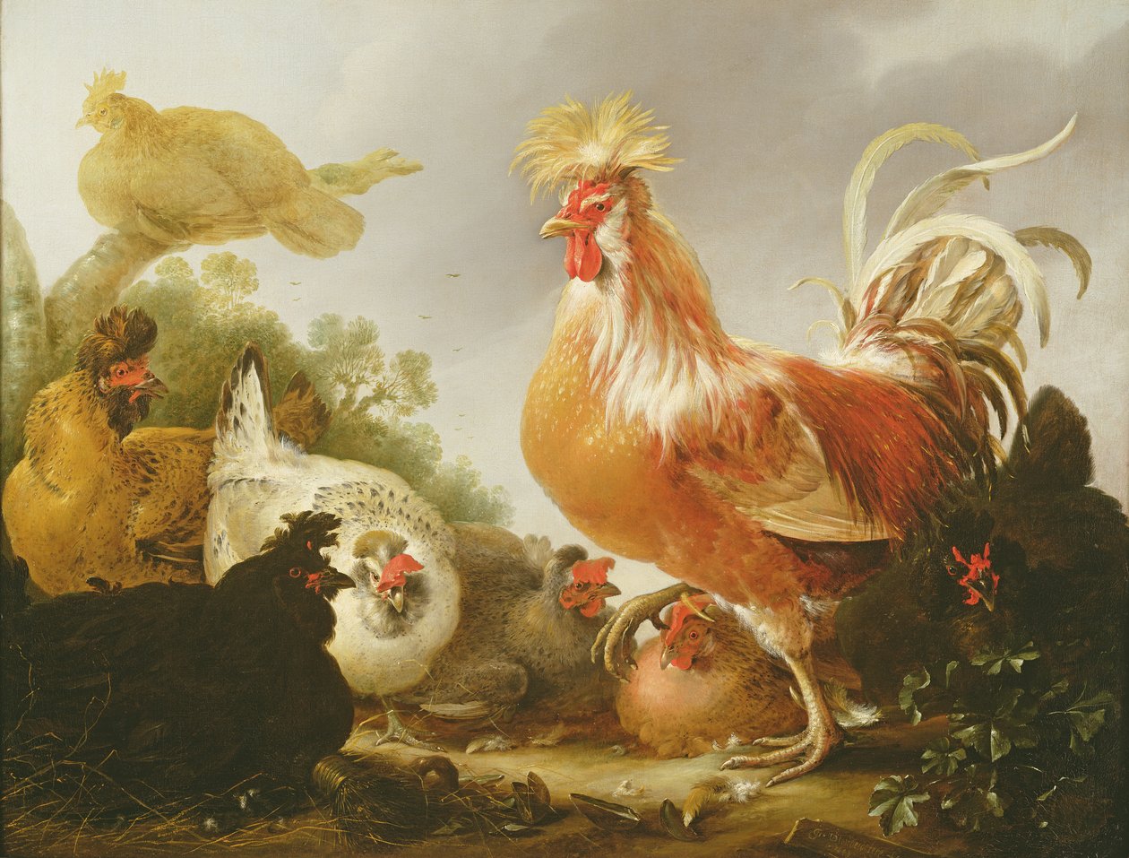 Hane og høner i et landskap, 1649 av Gysbert Hondecoeter