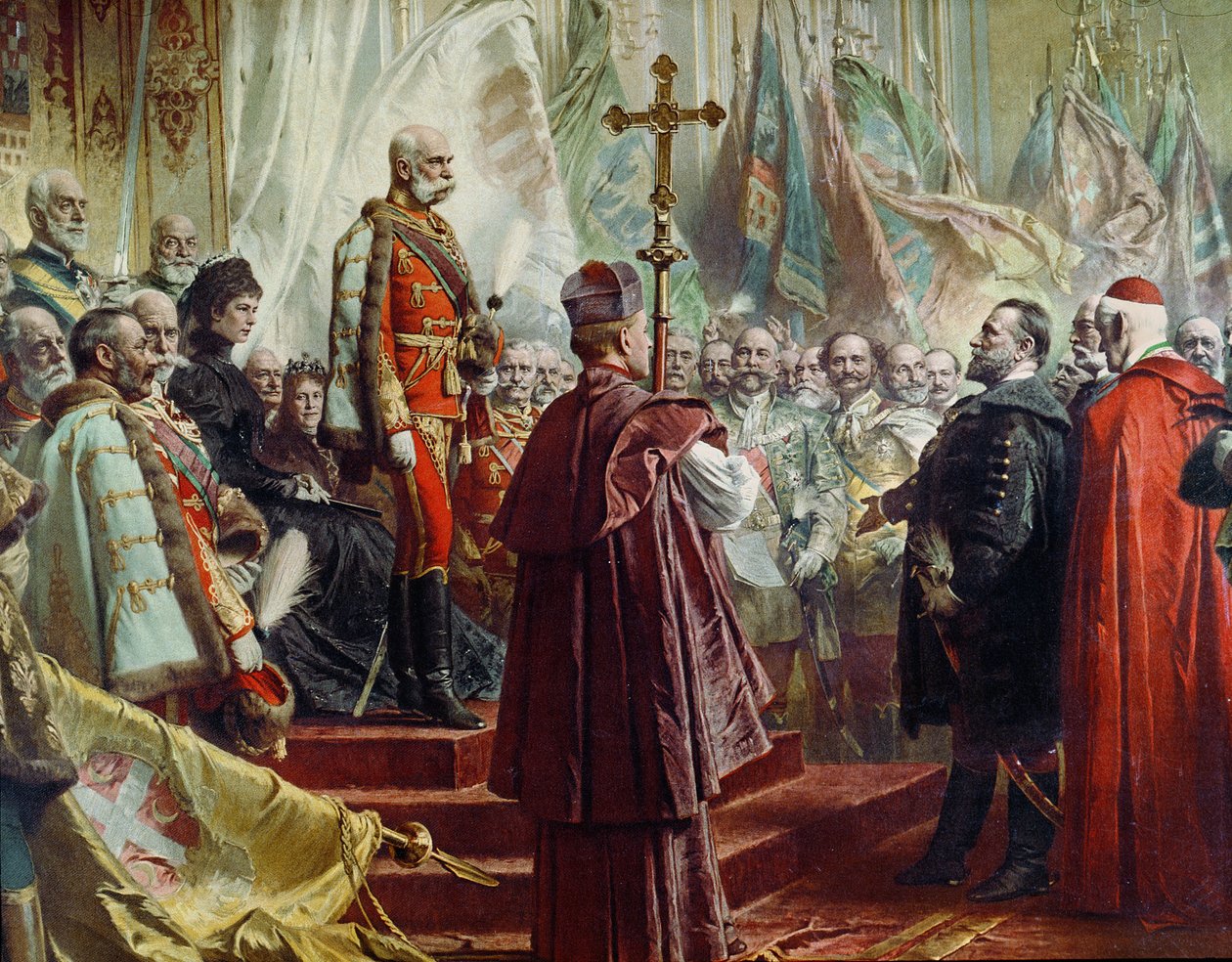 Keiser Franz Joseph I 1830-1916 og keiserinne Elizabeth 1837-98 i Budapest, 8. juli 1896 fargelitho detalj av 231008 av Gyula Benczúr