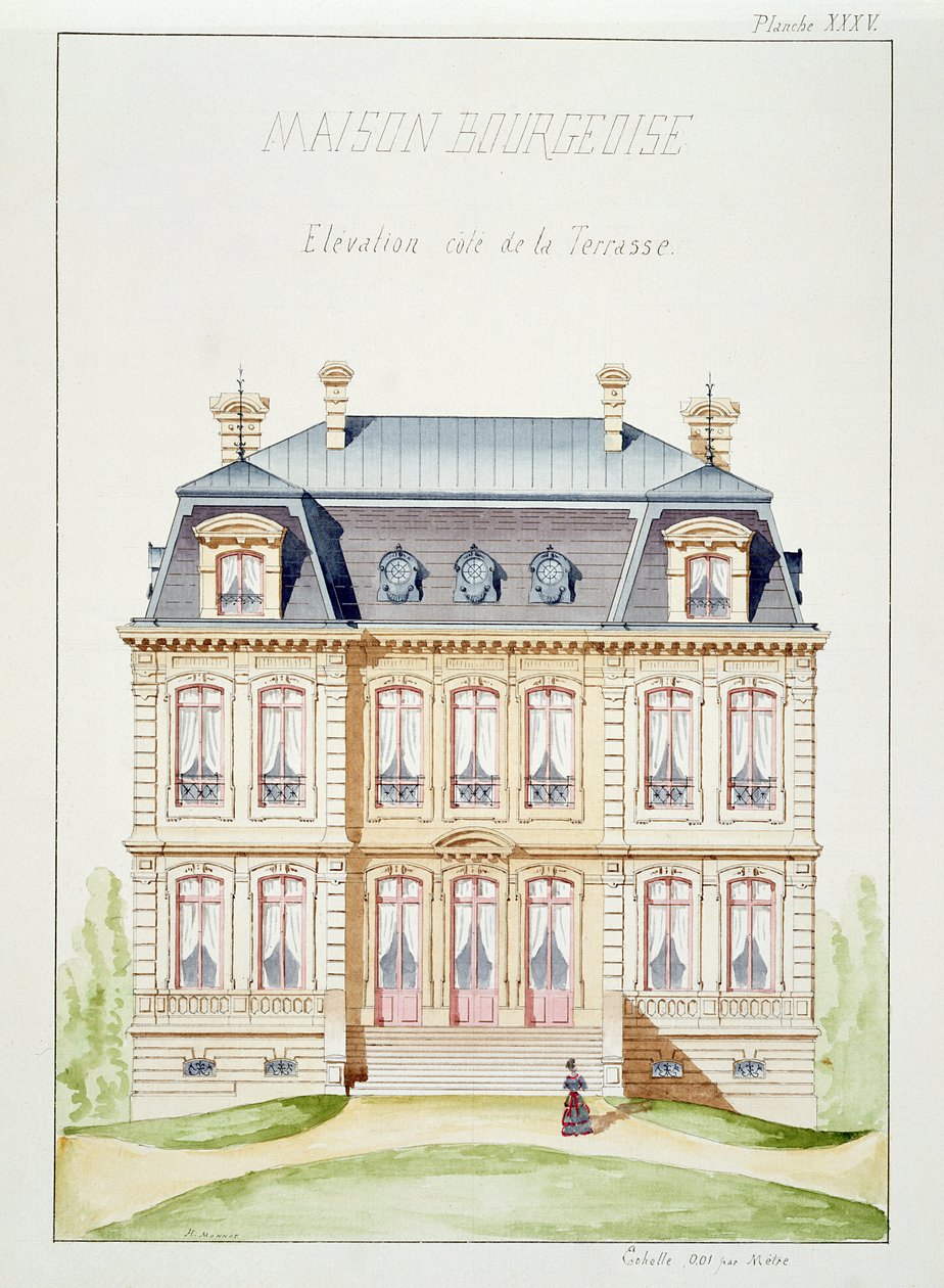 Terrassehøyde av et hus for borgerskapet, plate XXXV, fra en folio av design, ca. 1870 av H. Monnot